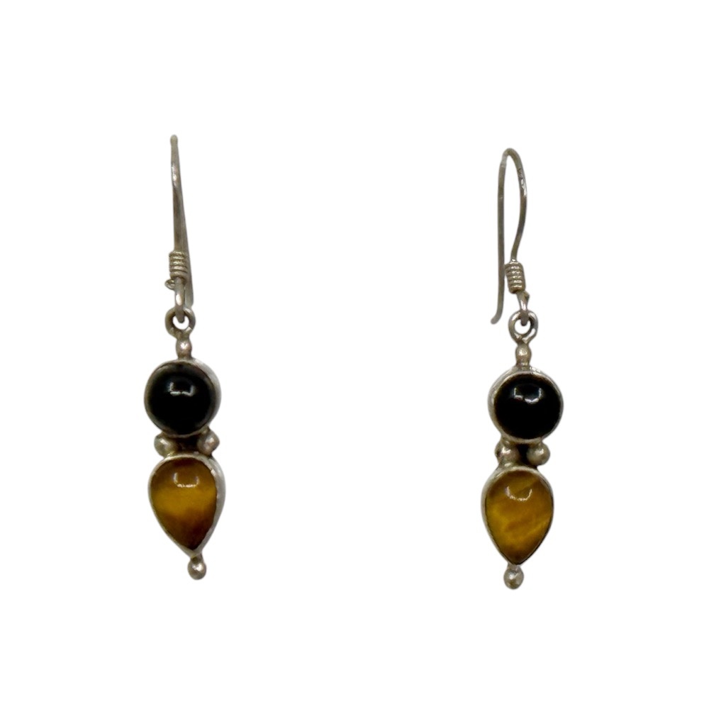 Sterling silver Tiger's eye & onyx drop earrings - GM1003