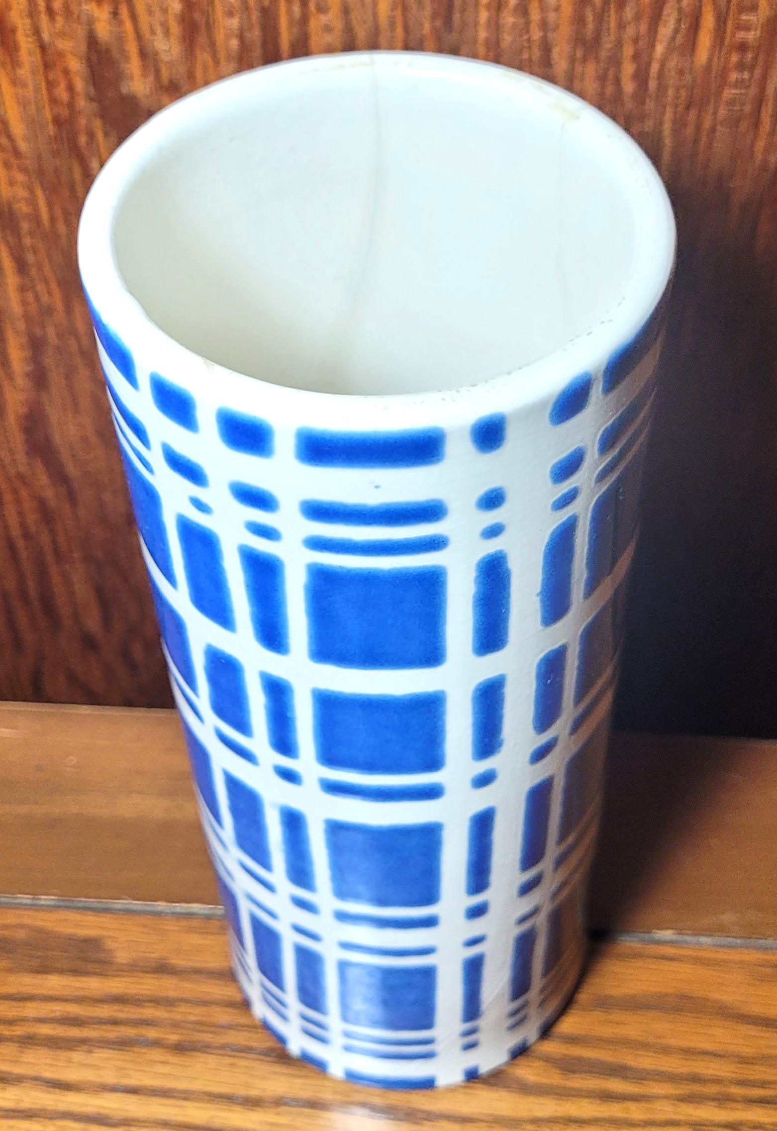 Circa 1950s Plaid Ceramic Cylinder Vase Italy HM Cory Blue Cream - photo 5