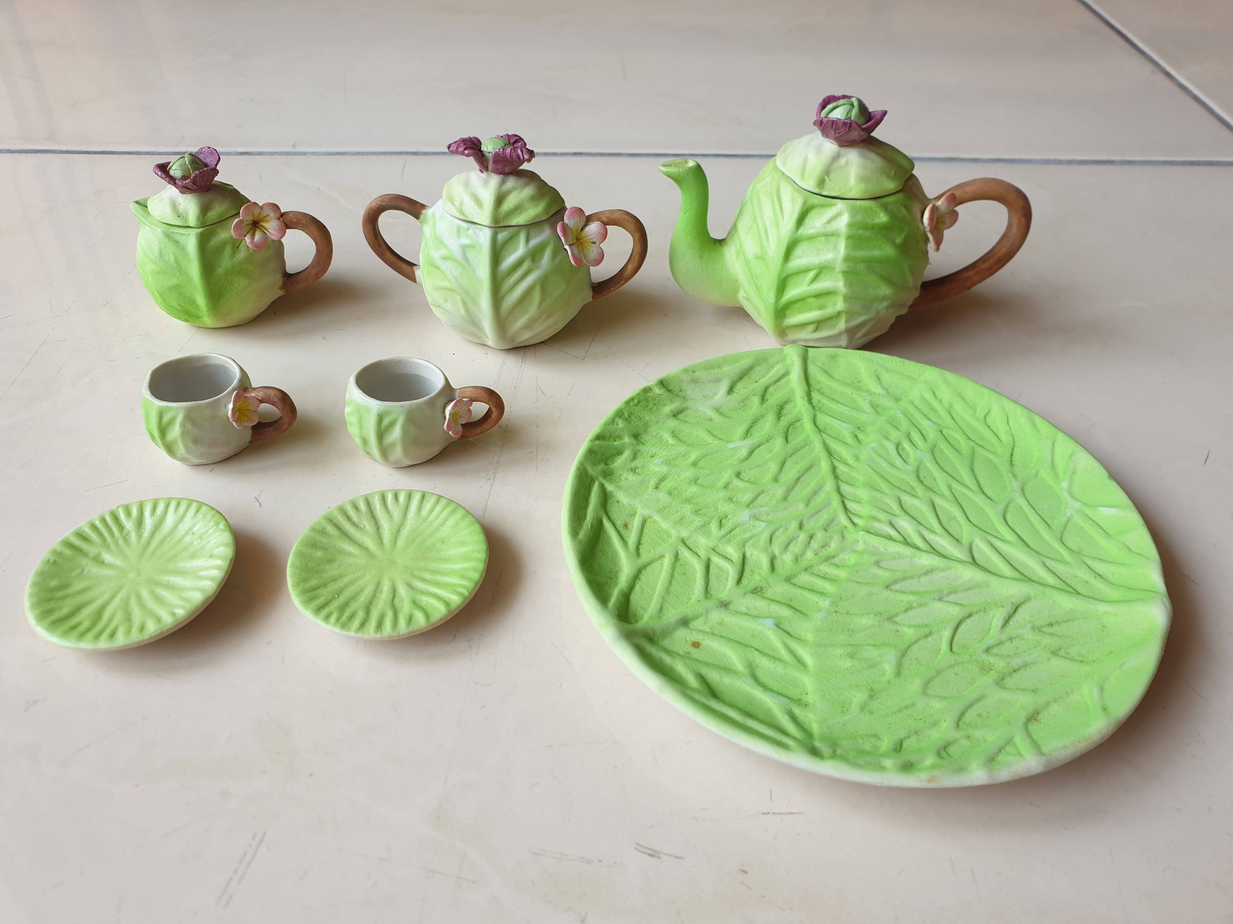 Vintage handmade miniature cabbage teacup plate set - photo 2