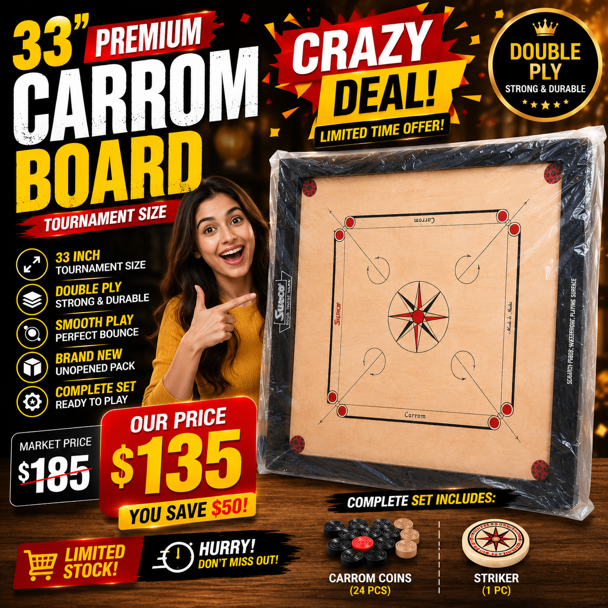 Brand New 33-Inch Premium Double-Ply Carrom Board - photo 2