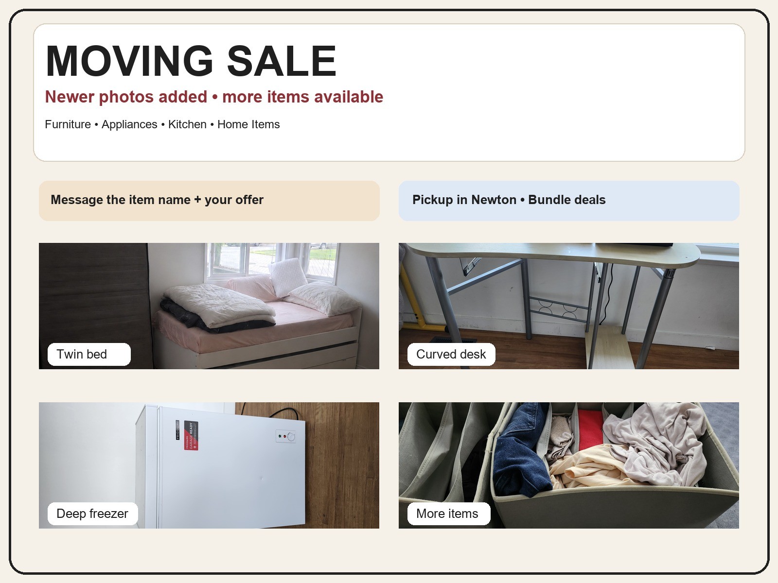 Moving Out Sale - Furniture & Home Items - Message for Prices