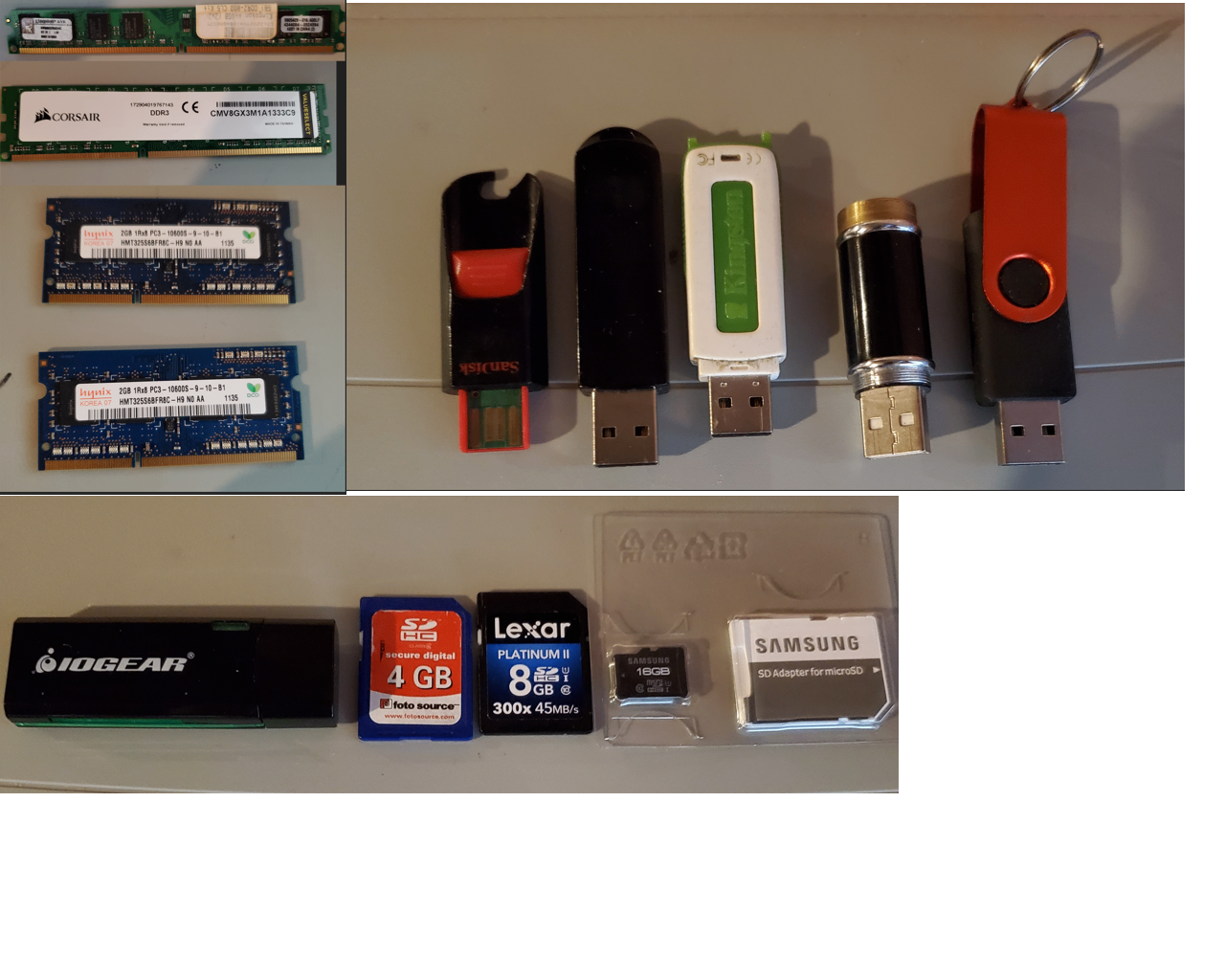 Various RAMs, memory cards and usb sticks