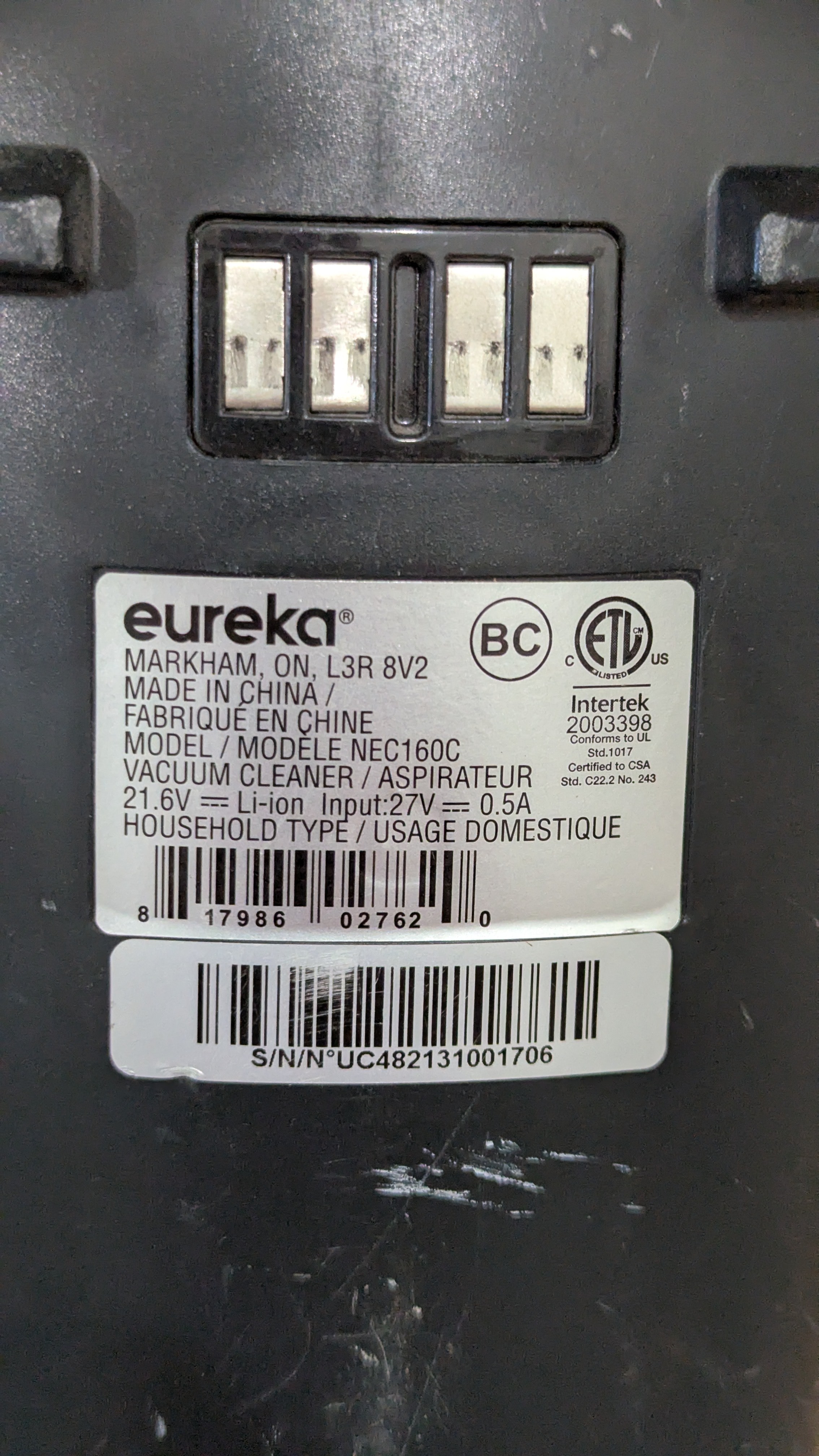 WITHOUT BASE CHARGER NOZZLE Stick Vacuum Cordless Eureka NEC-160 - photo 4