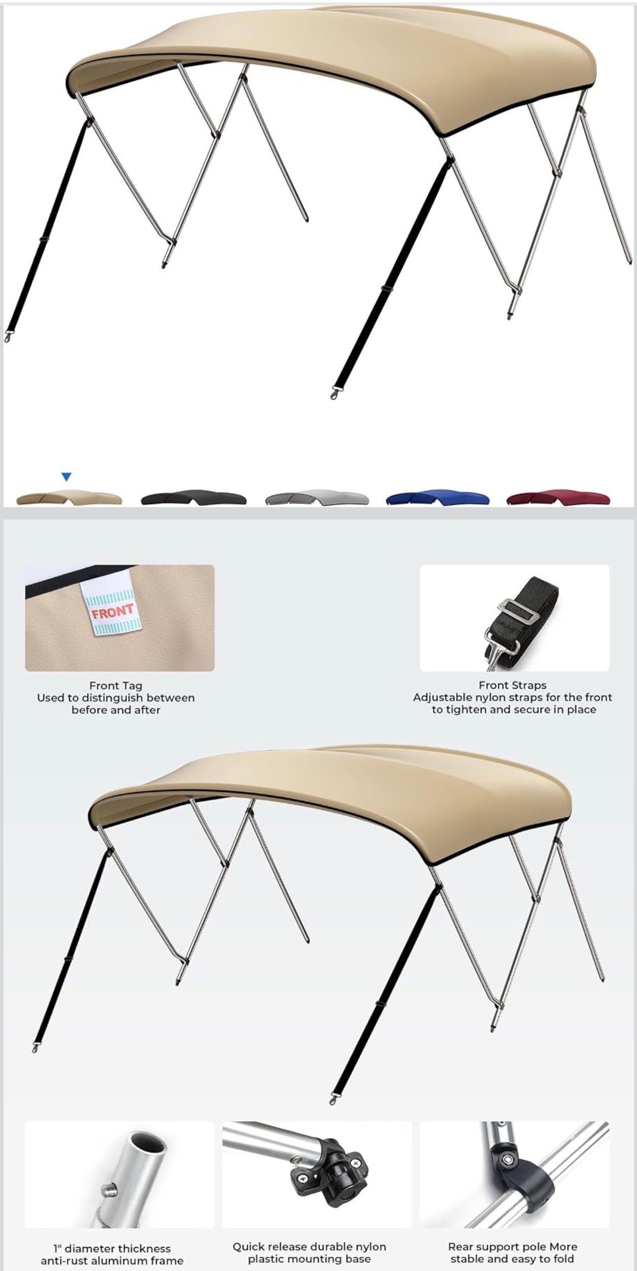 New: KEMIMOTO 3 Bow Bimini Tops for Boats Cover Rear Support Pol - photo 4