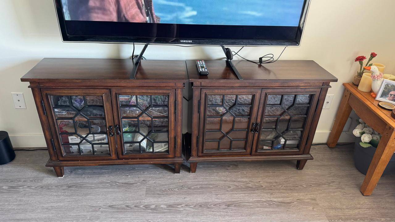Dark Wood Media Console with Glass Doors - 2 pieces