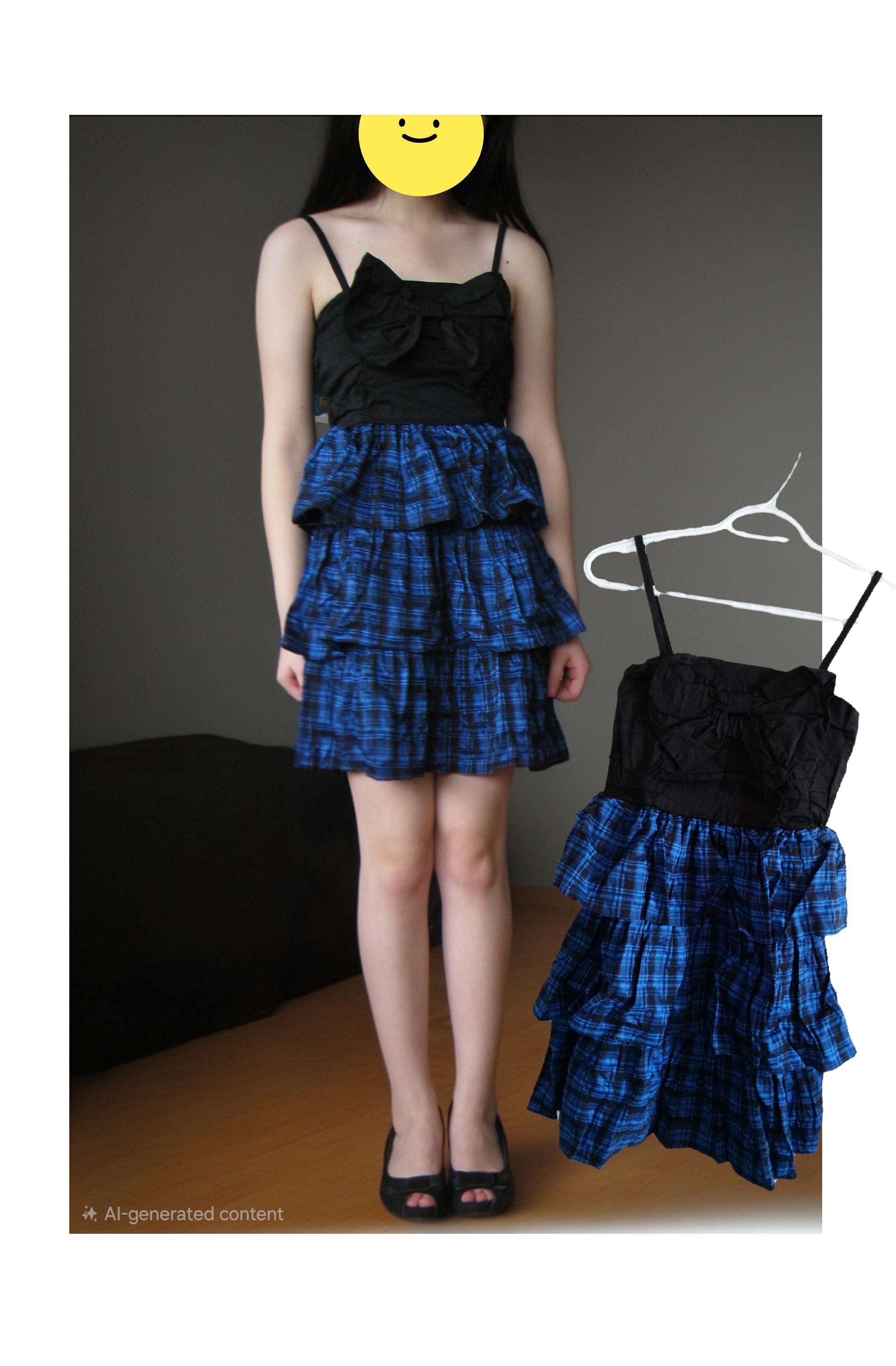 Cute Black and Blue Plaid Tiered Summer Dress with Bow Detail