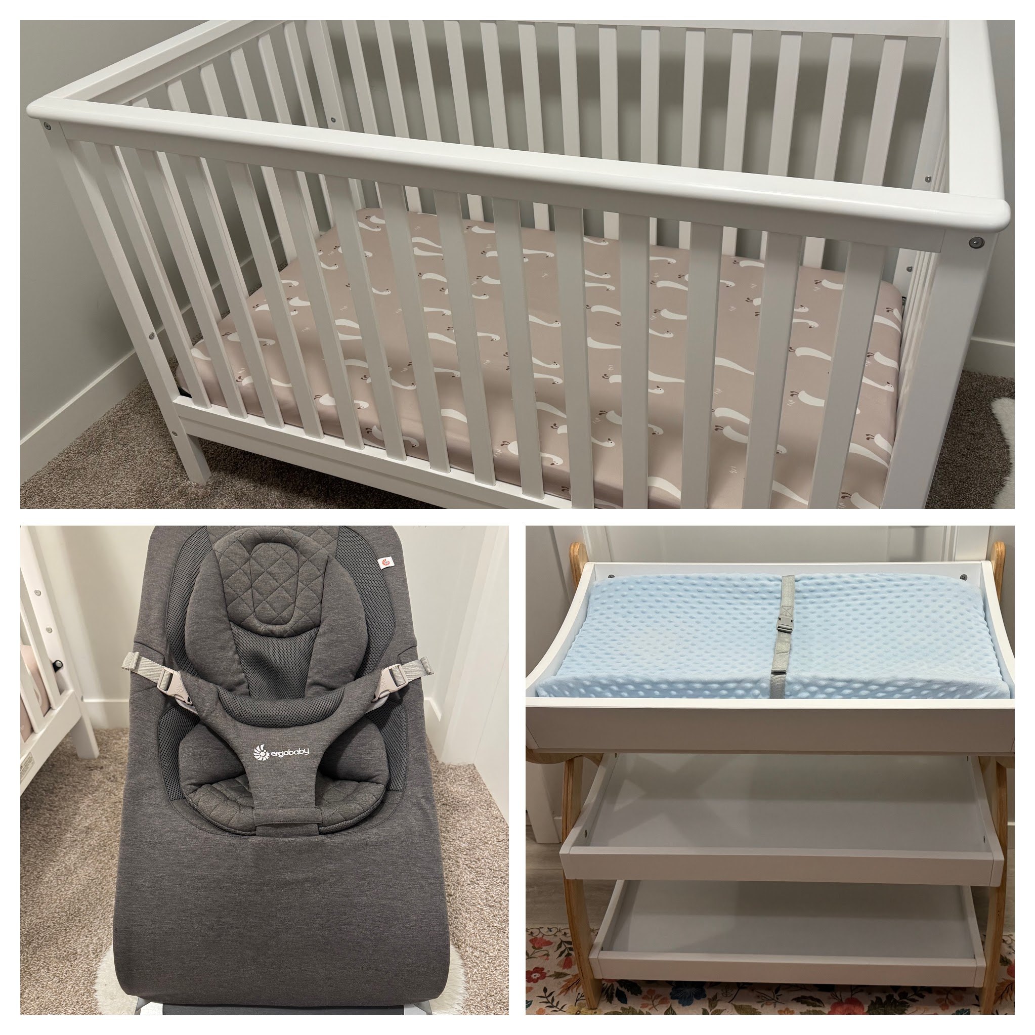 Nursery Bundle: Crib, Ergobaby Bouncer, and Changing Table