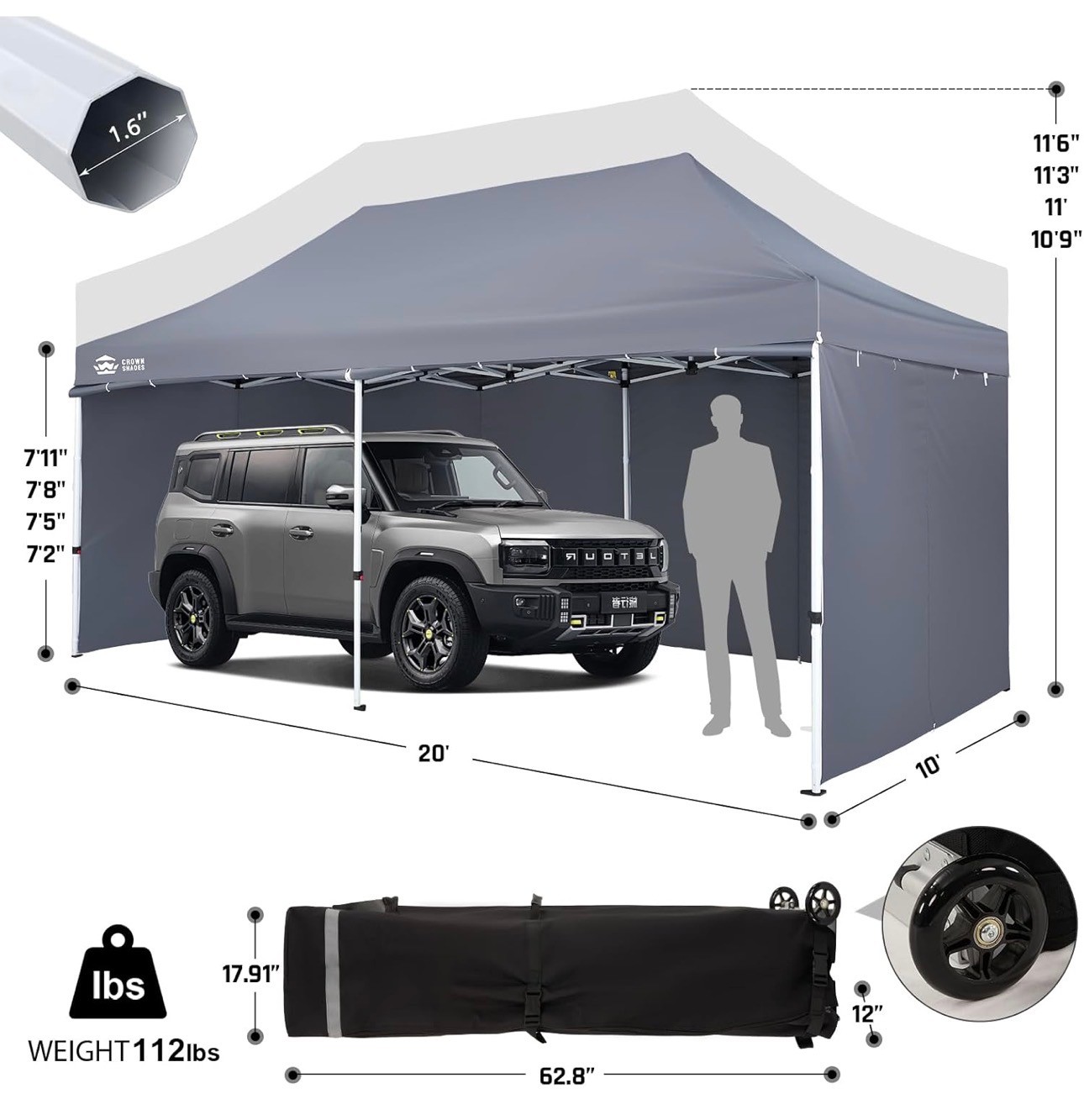 CROWN SHADES Pop Up Canopy 10x20 Commercial Grade 400D 4 Sidewal - photo 3