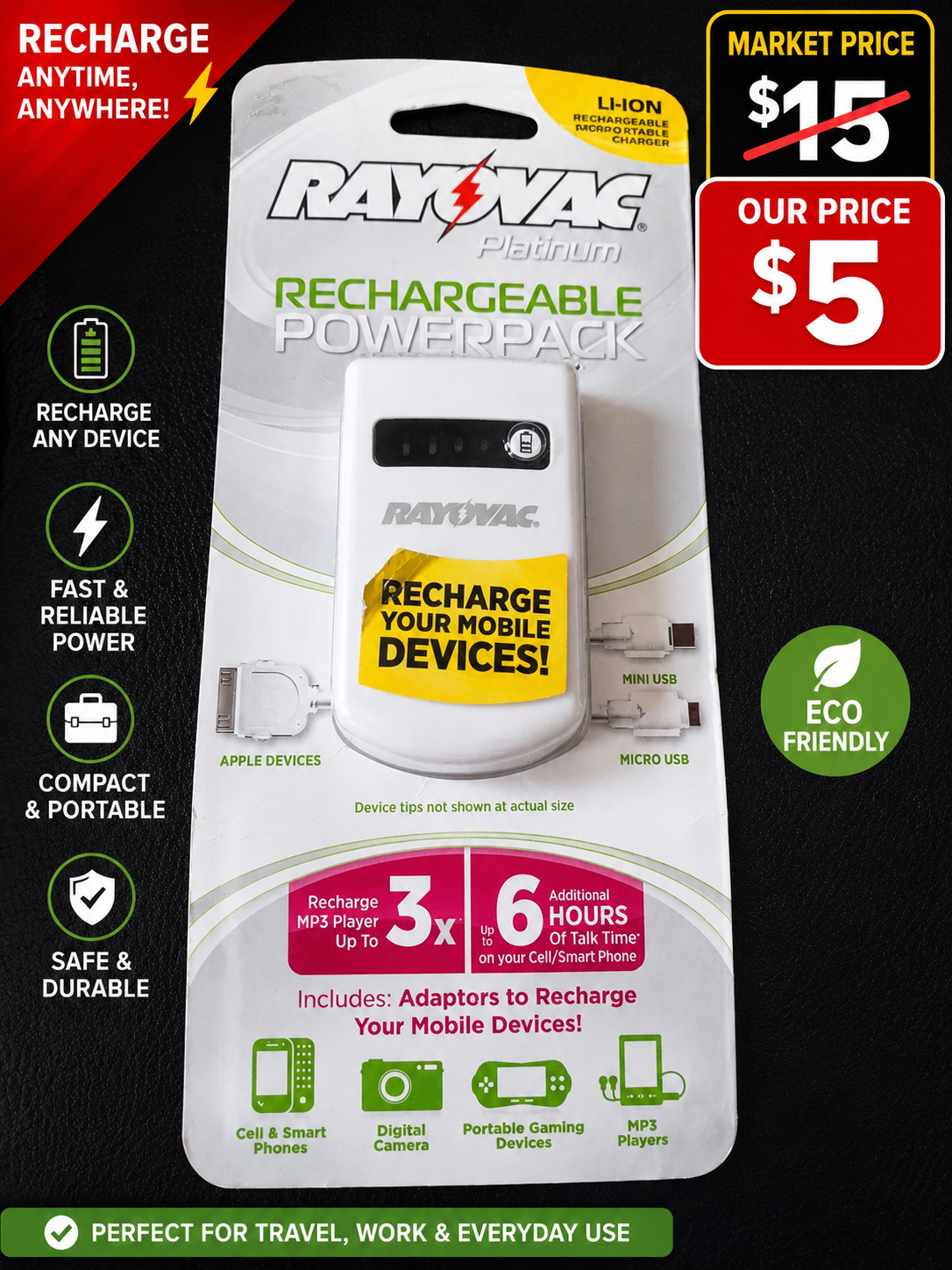 Rayovac Rechargeable Power Pack Portable Phone Charger | New