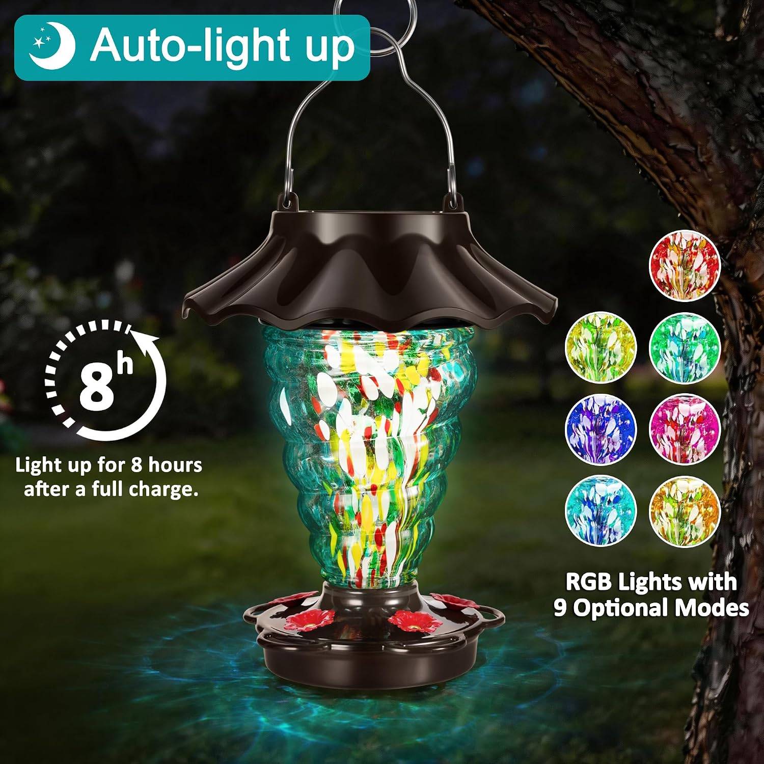 Spiral Glass Hummingbird Feeder w Solar RGB Lantern, 28 oz, Teal - photo 4
