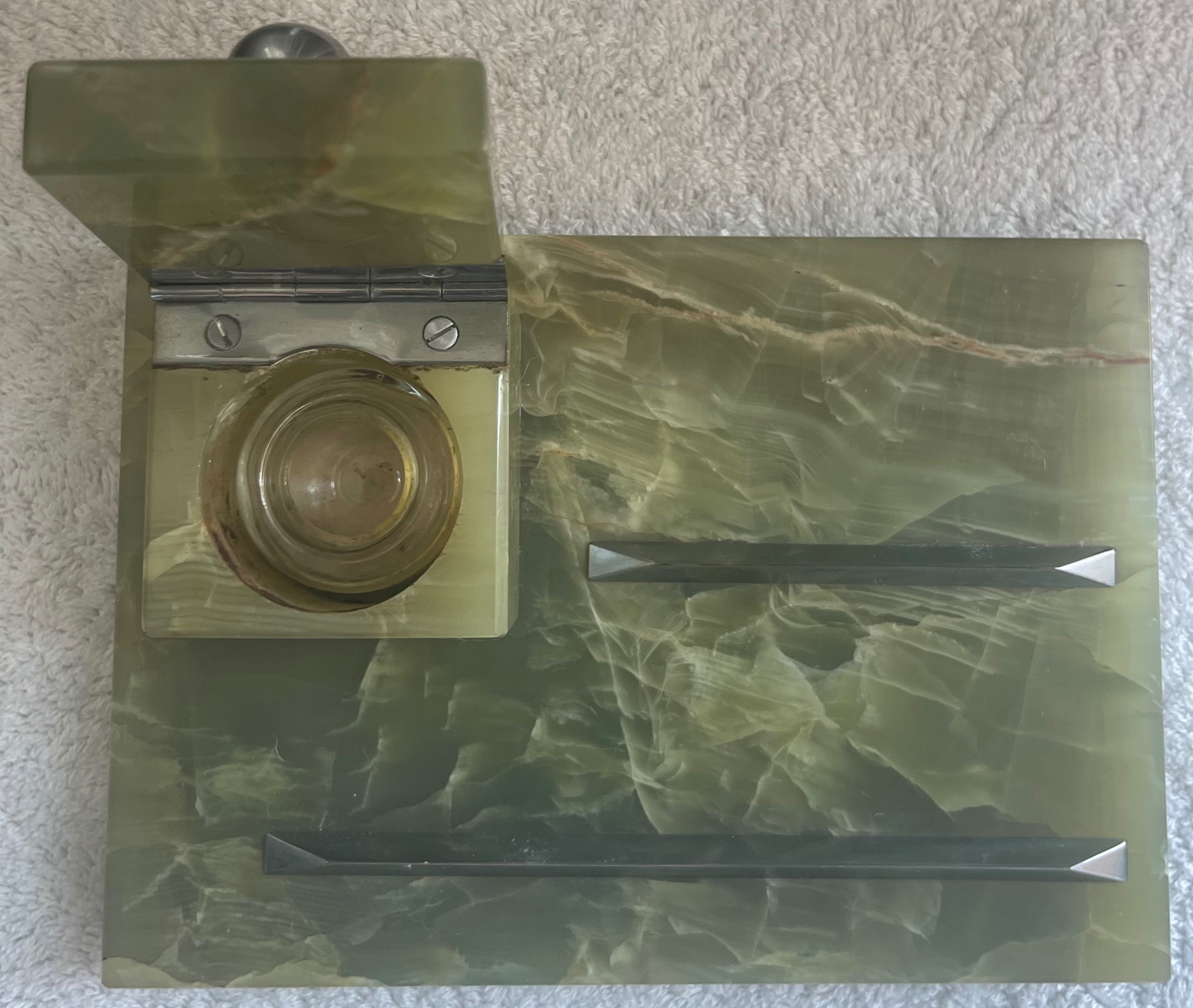 Vintage Italian Green Onyx Marble Desk Inkwell Pen Stand - photo 2
