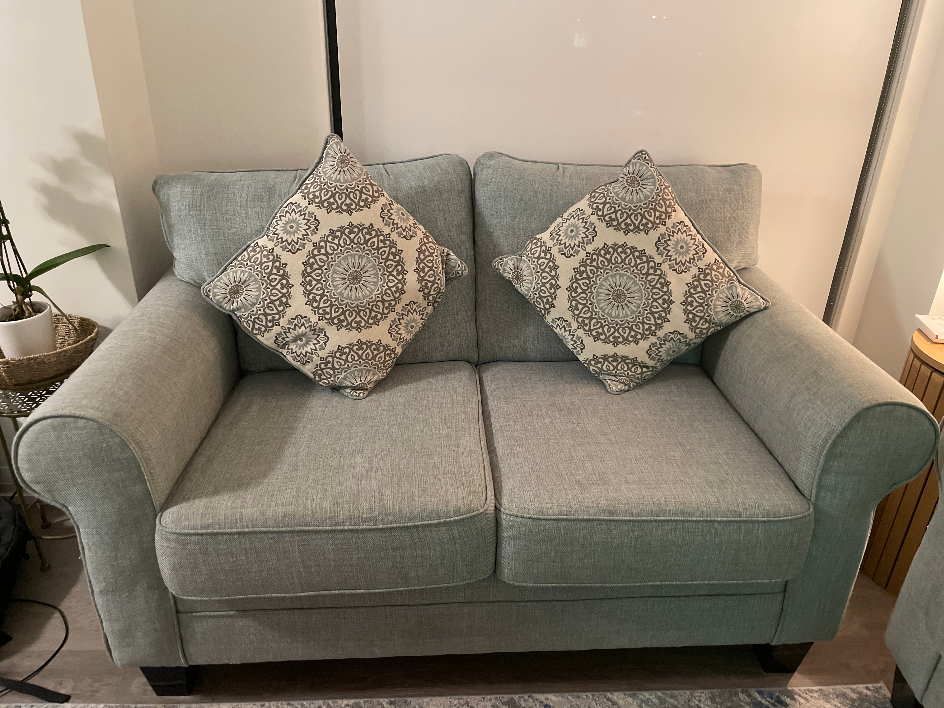 Light Blue 2 Loveseat Sofas with Throw Pillows