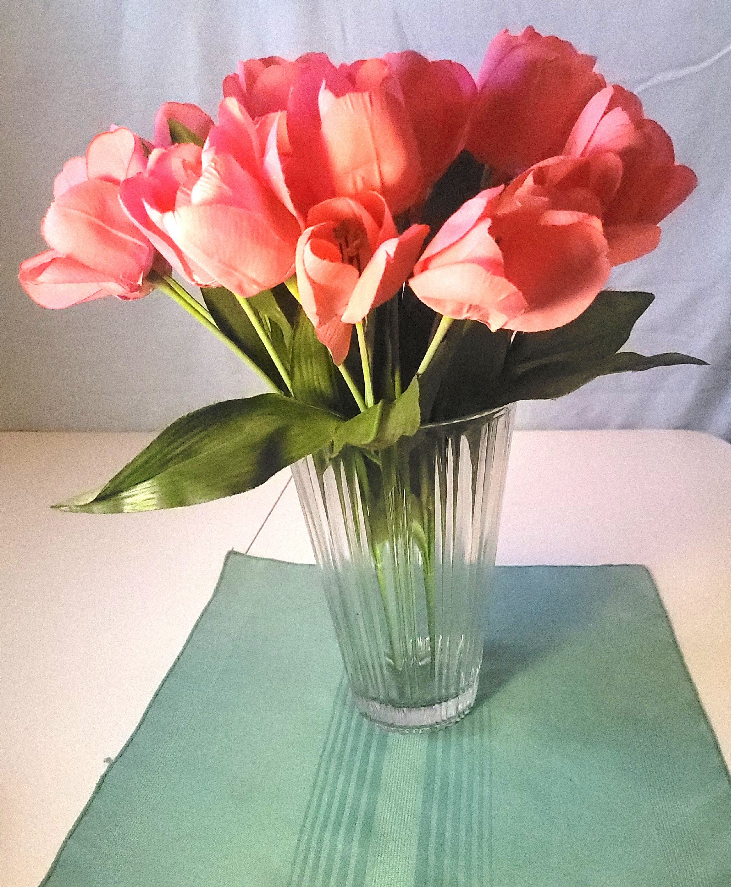 1970s Clear Fluted Ribbed Glass Vase with Faux Pink Tulip Arran.