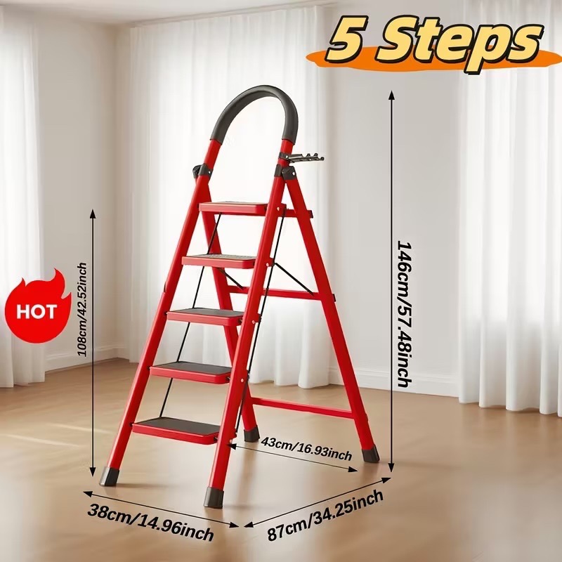 5 Step Black/Red Heavy-duty Reinforced Foldable Ladder - photo 2