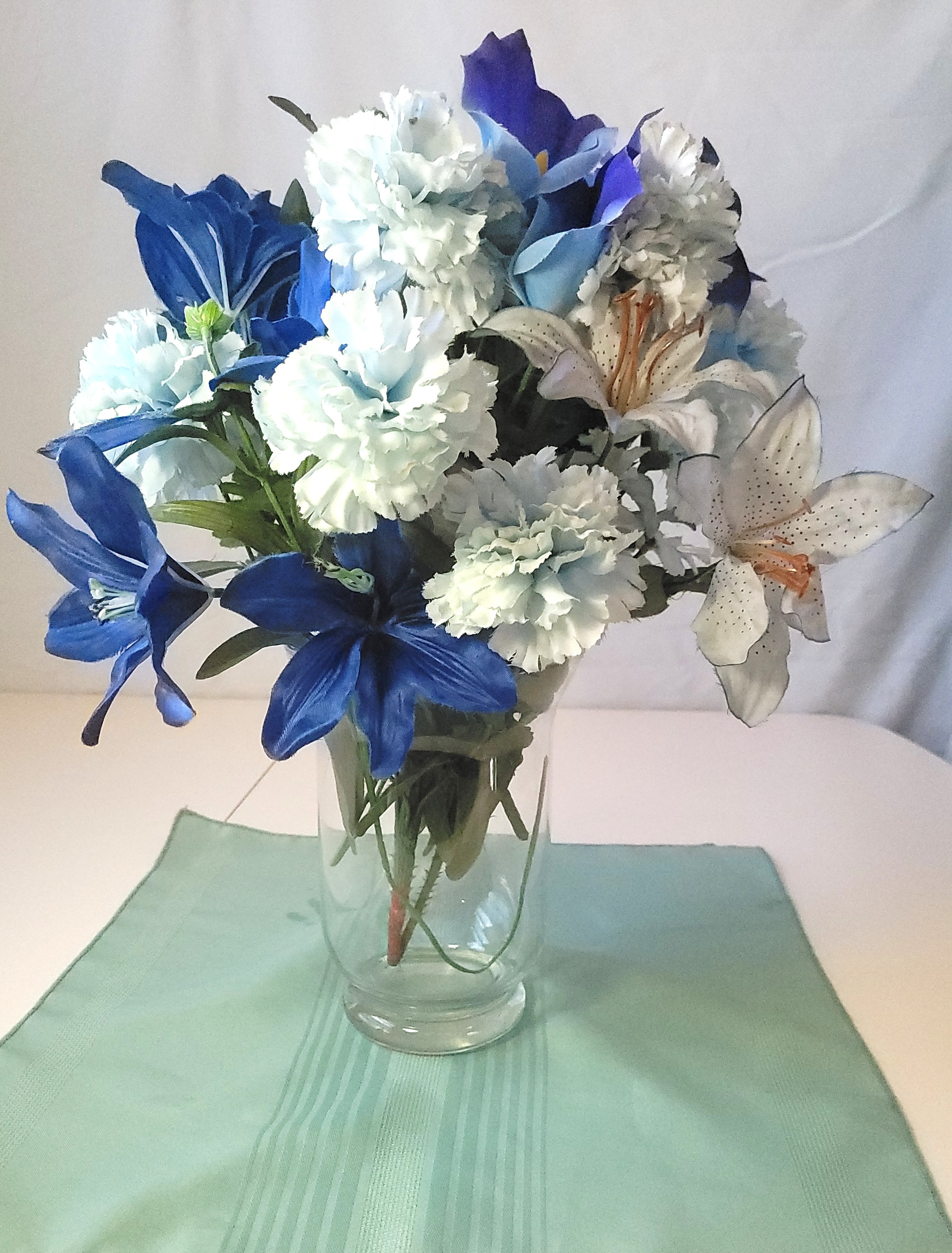 Faux Silk Blue & White Floral Arrangement Clear Glass Hurricane