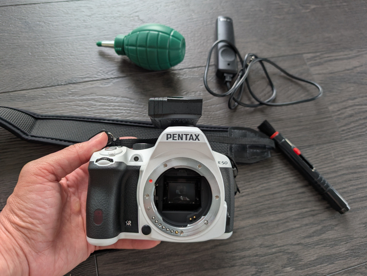 Pentax K-50 body, kit, charger, 4xAA battery frame, wired remote