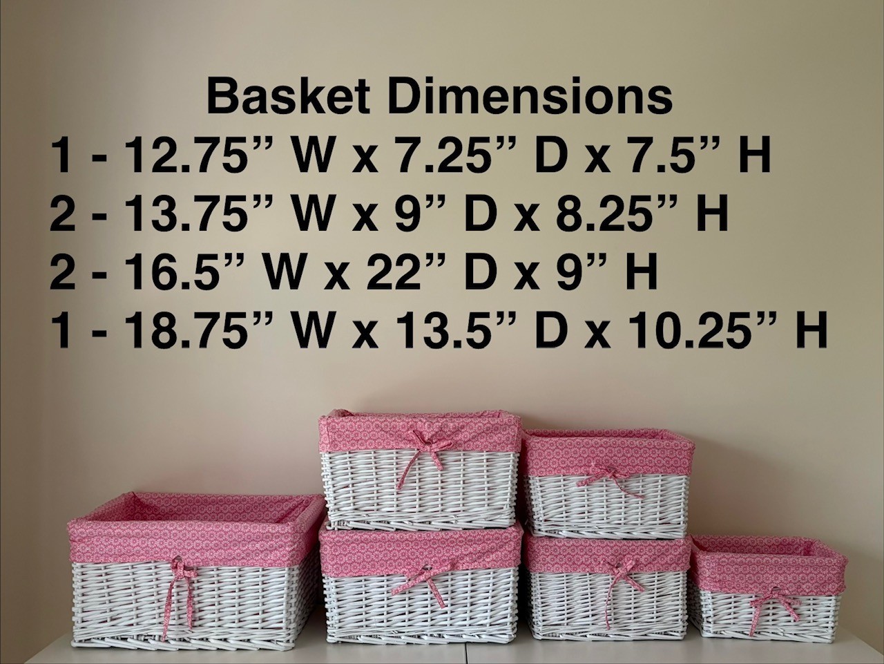 Set of 6 White Wicker Baskets with Pink Floral Liners