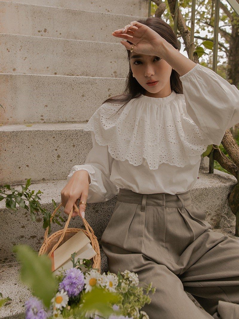 White Lace Ruffle Collar Puff Sleeve Elegant Blouse Top