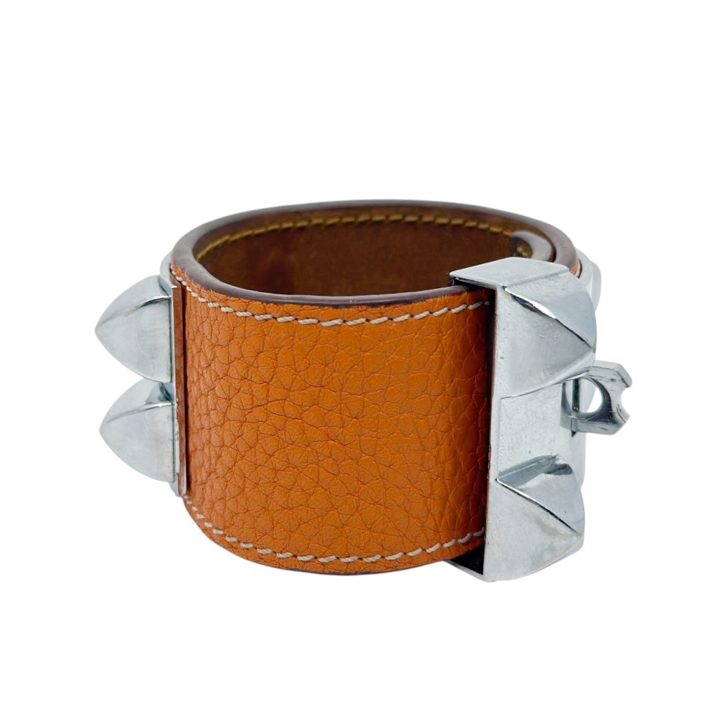 Hermes Paris Collier de Chien orange leather palladium bracelet - photo 5
