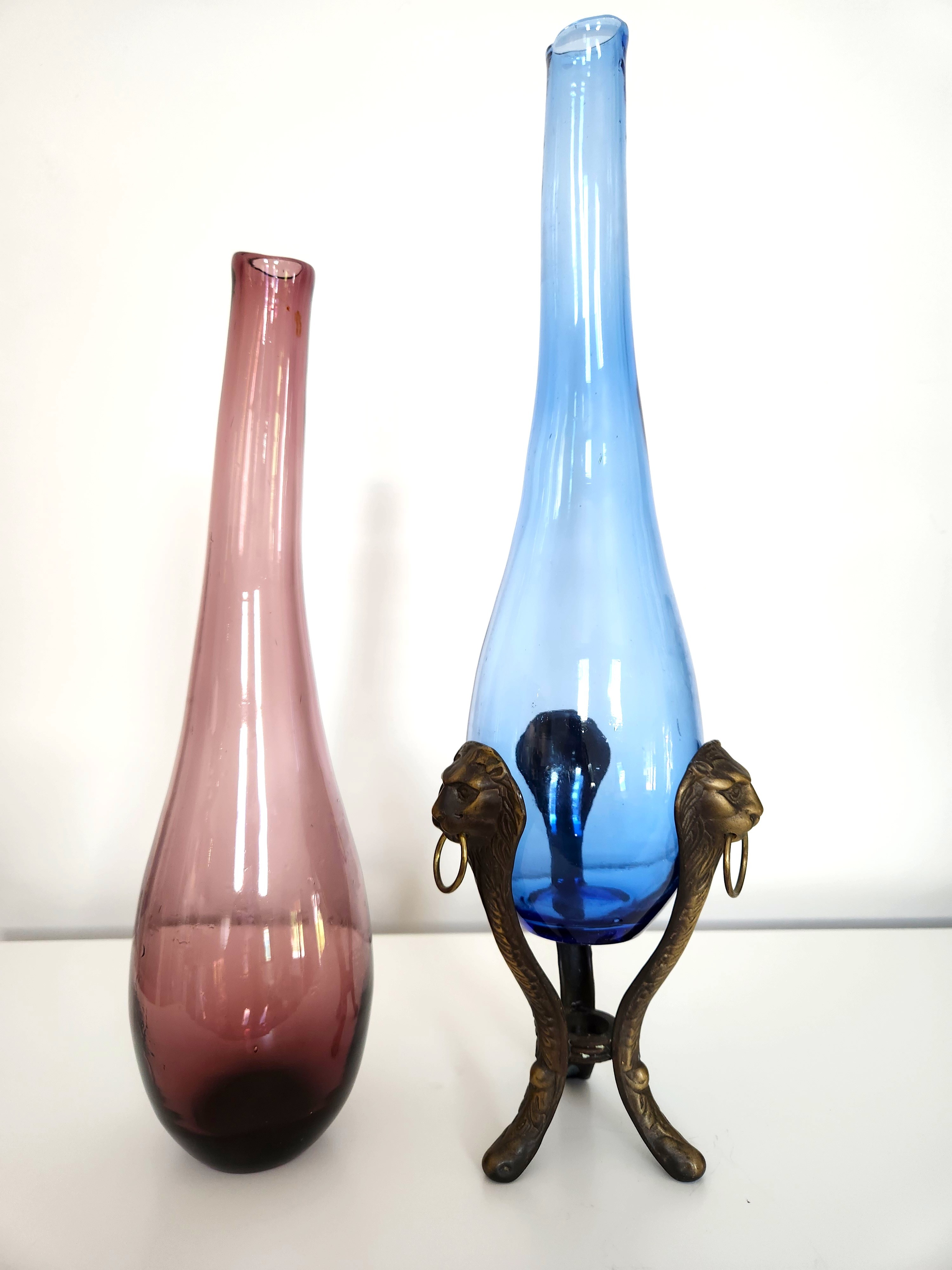 Two Art Glass Vases with Ornate Brass Lionhead Holder (3-Set)