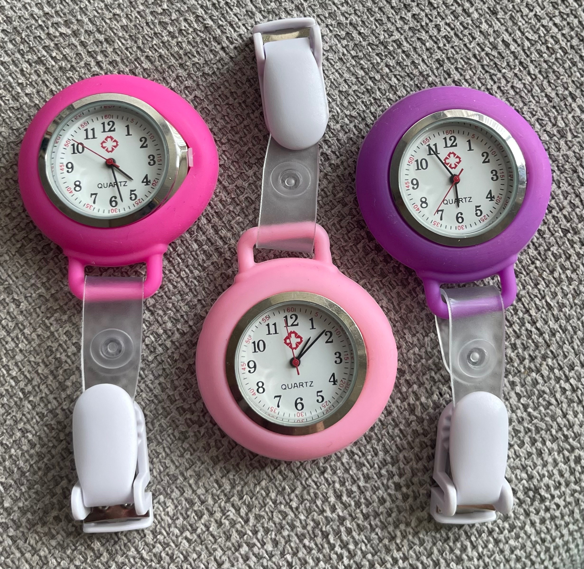 3 Nurse Silicone Clip-On Watches-Pinks & Purple (Need Batteries)