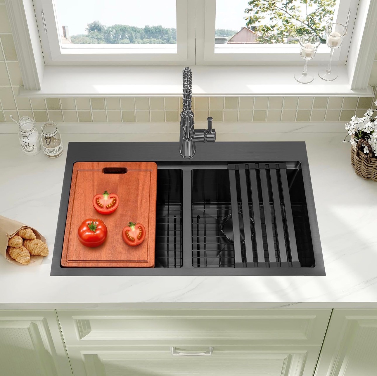 Black Drop in Kitchen Sink 50/50 Double Bowl 33x22" 16 Gauge