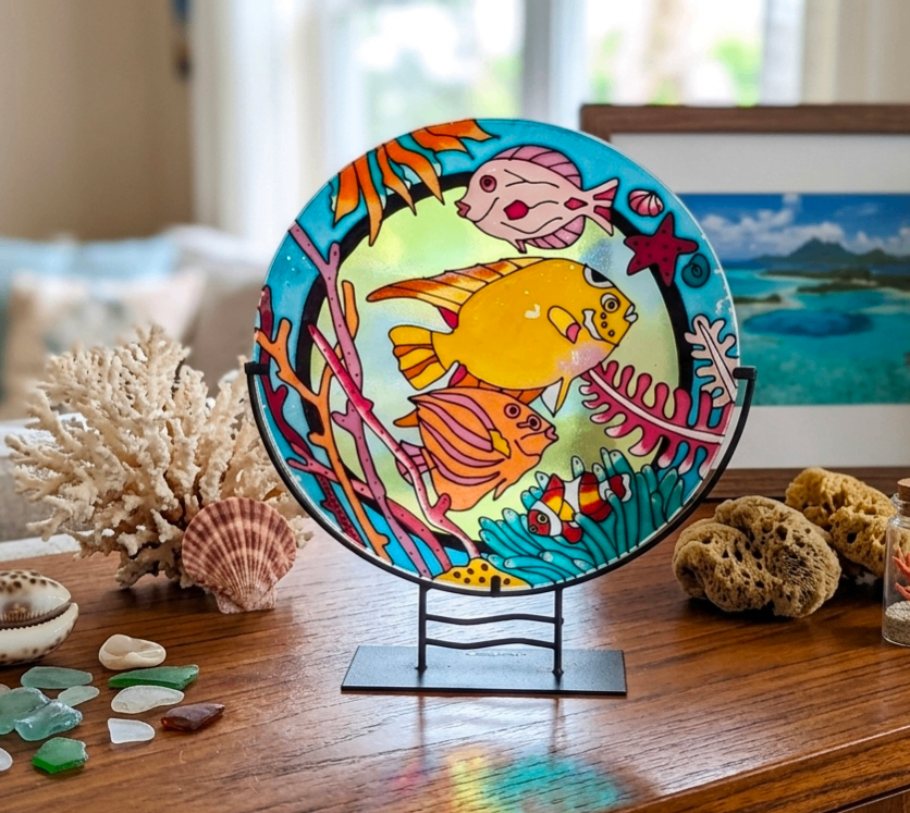 Decorative Glass Plate with Tropical Fish Design