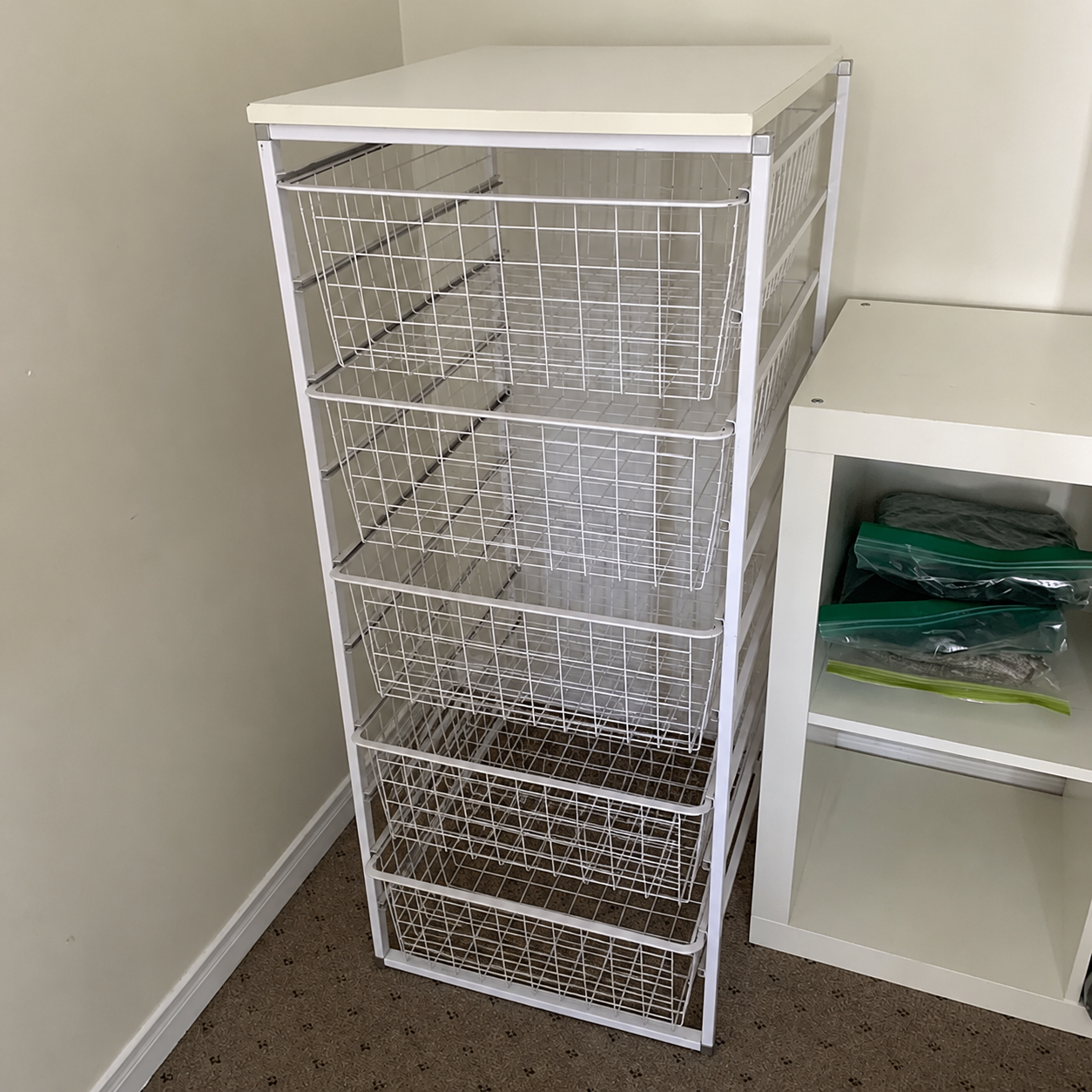 White Metal Wire Storage Cart with 5 Baskets