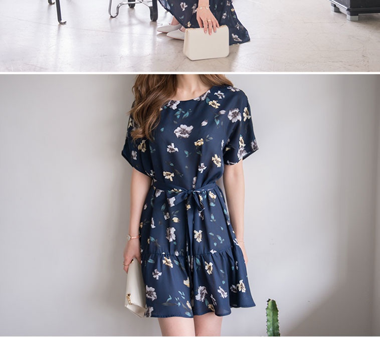 Navy Floral Print Short Sleeve Dress