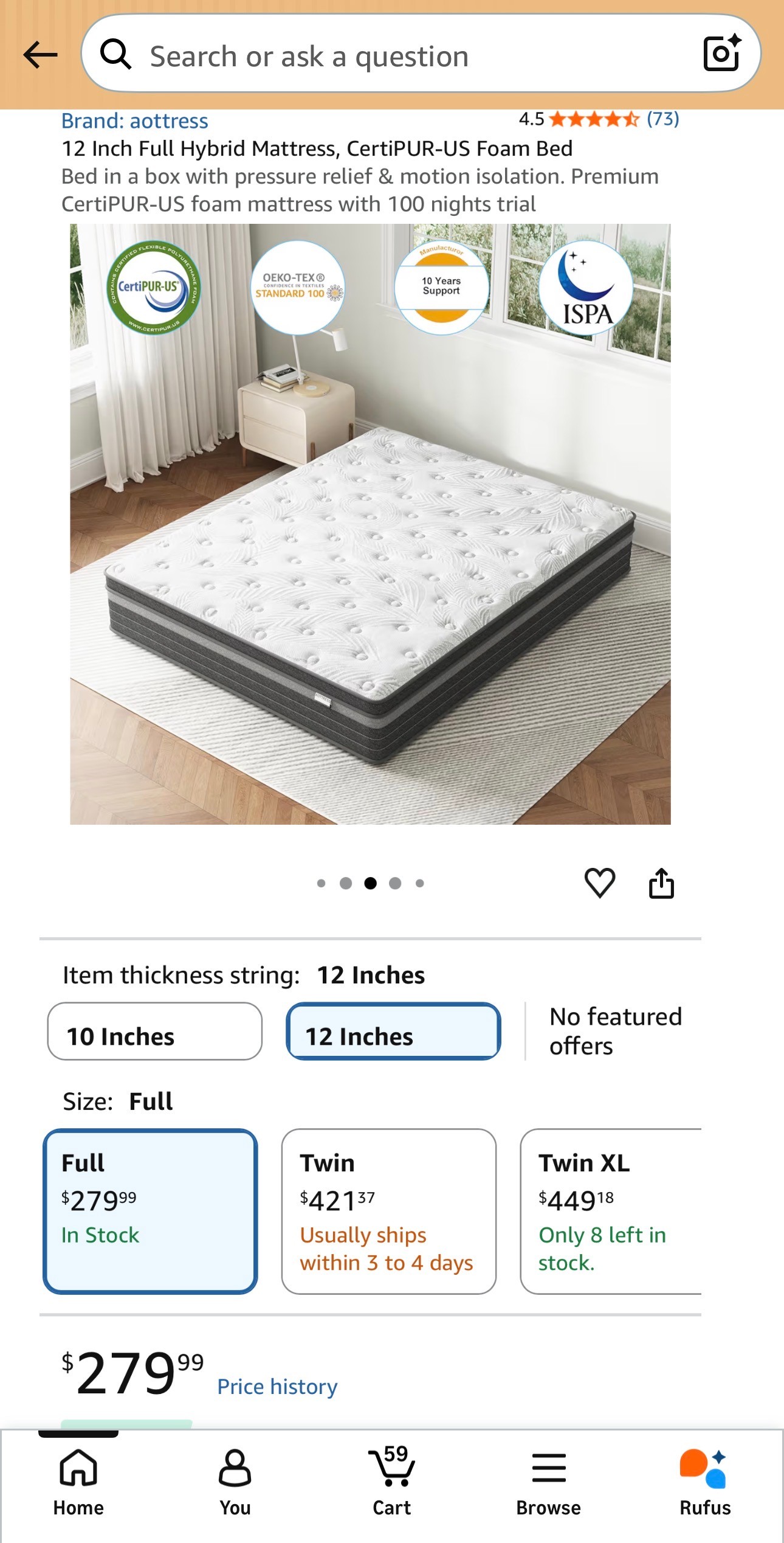 12" Full Hybrid Mattress CertiPUR-US Bed pressure/motion relief