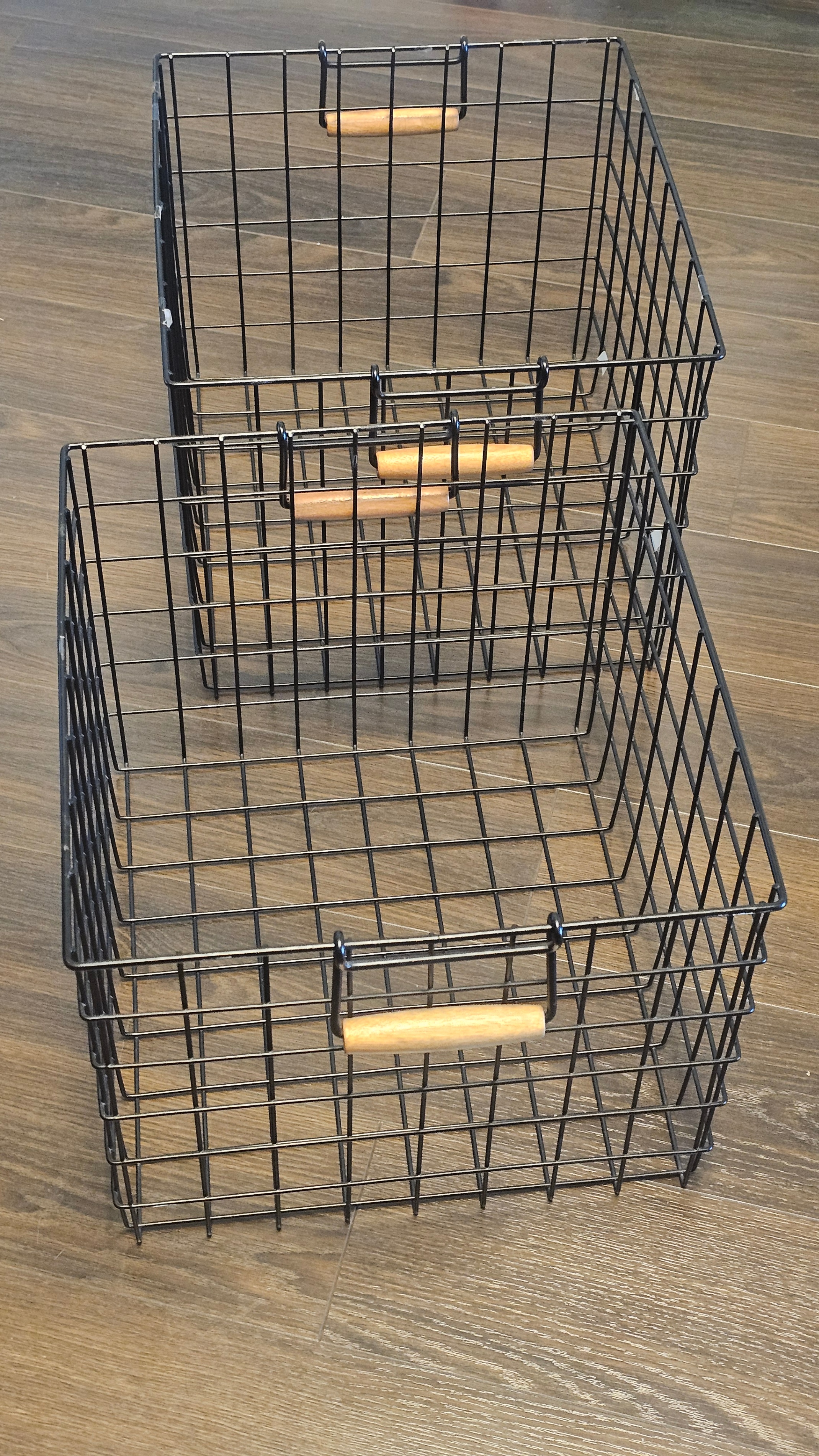 2 x Black Wire Storage Basket, Large with Wooden Handles