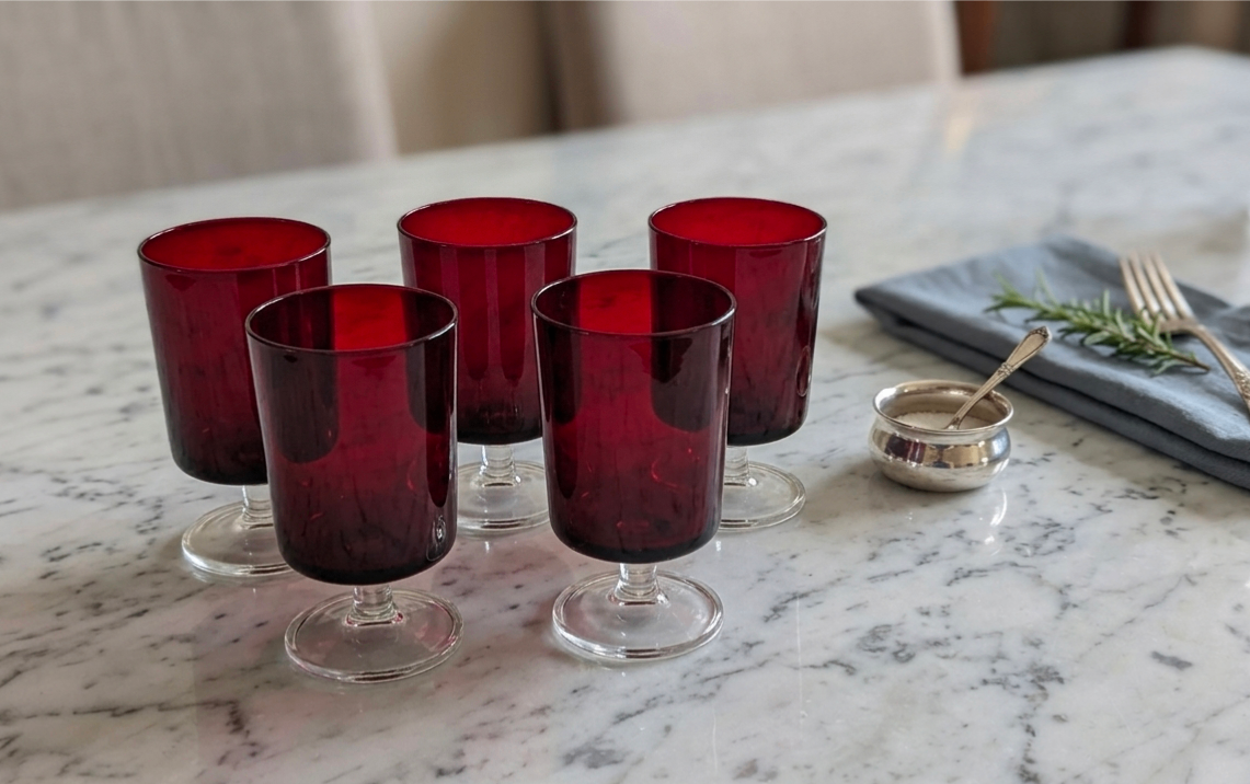 Set of 5 Cranberry Red Stemmed Glasses