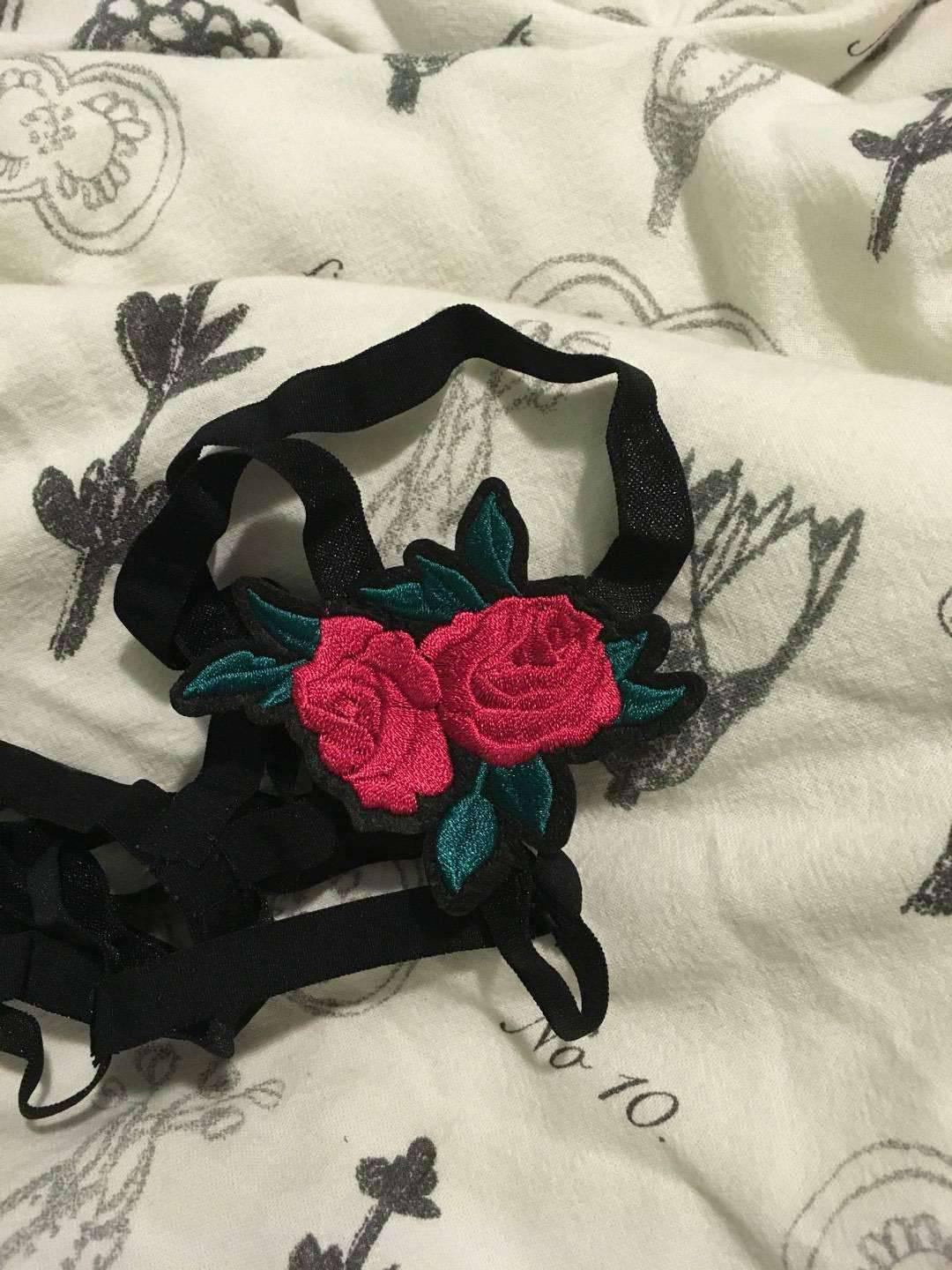 Black Embroidered Rose Harness Bra