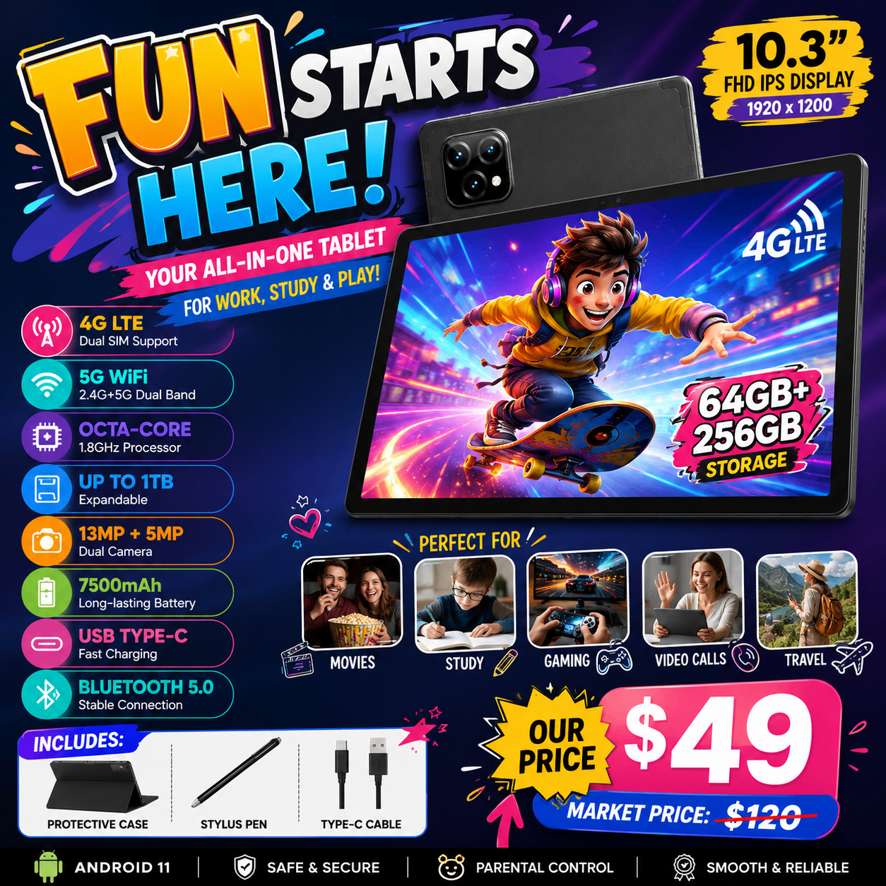 Kinstone 10.3" Android Tablet | 64GB | 4G LTE | FHD Display | - photo 3