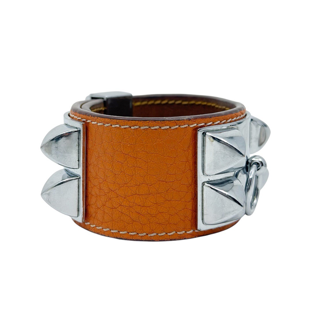 Hermes Paris Collier de Chien orange leather palladium bracelet - photo 3
