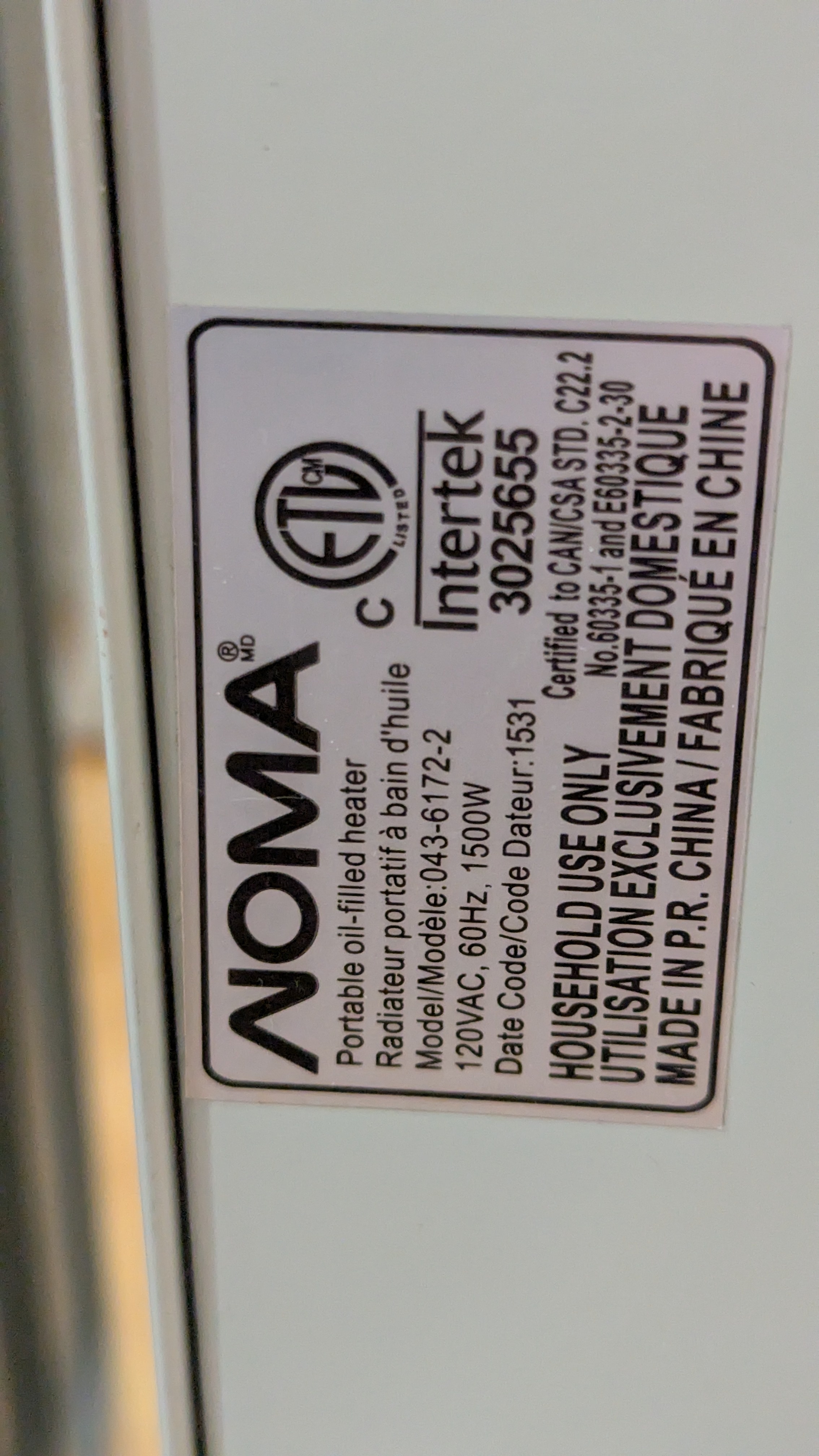 NOMA 1500W Portable Oil Filled Radiator Heater - photo 3