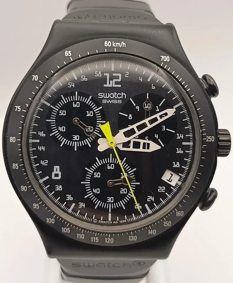 Vintage 1999 Swatch Irony Black Aluminum Chrono "Nowadays" Watch