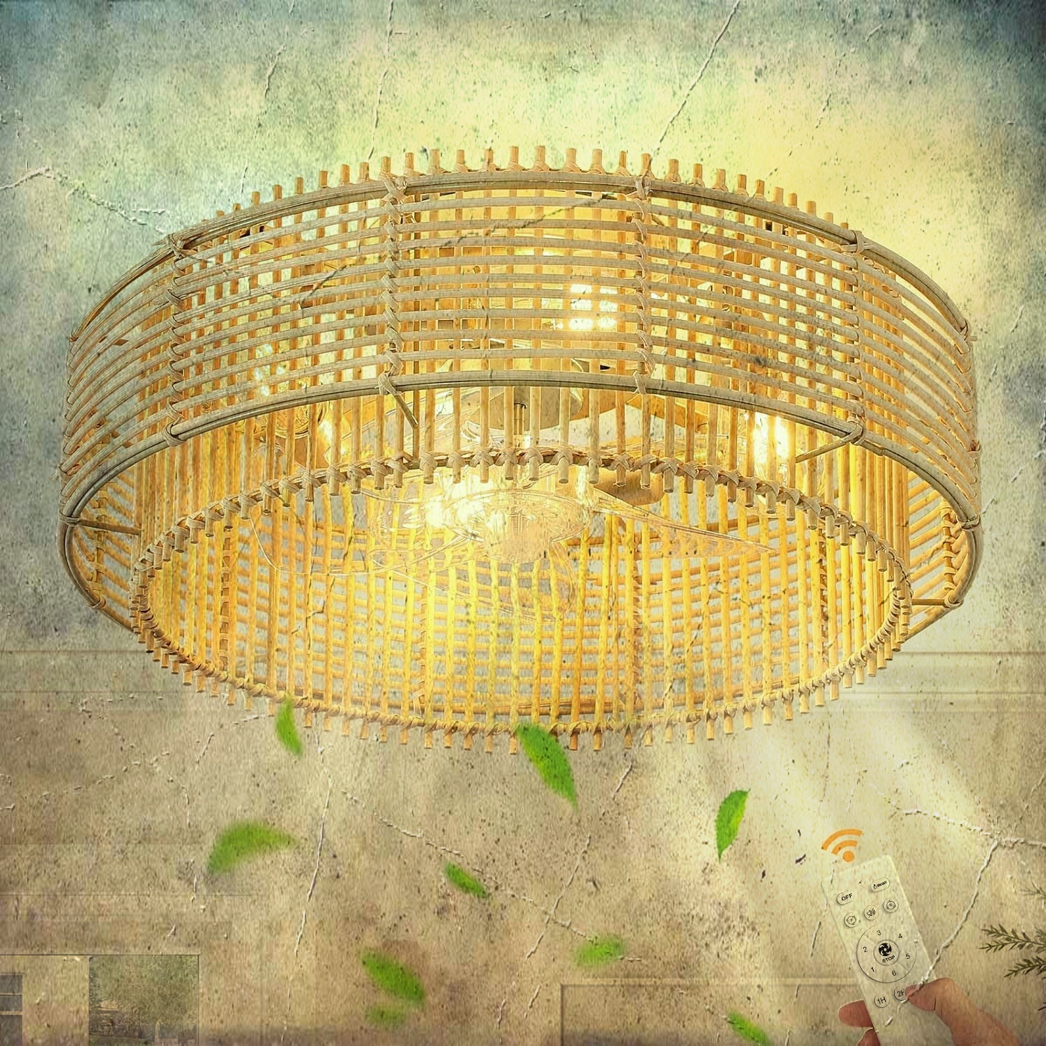 Boho Rattan Caged Ceiling Fan with Light & Remote, 19" Flush M