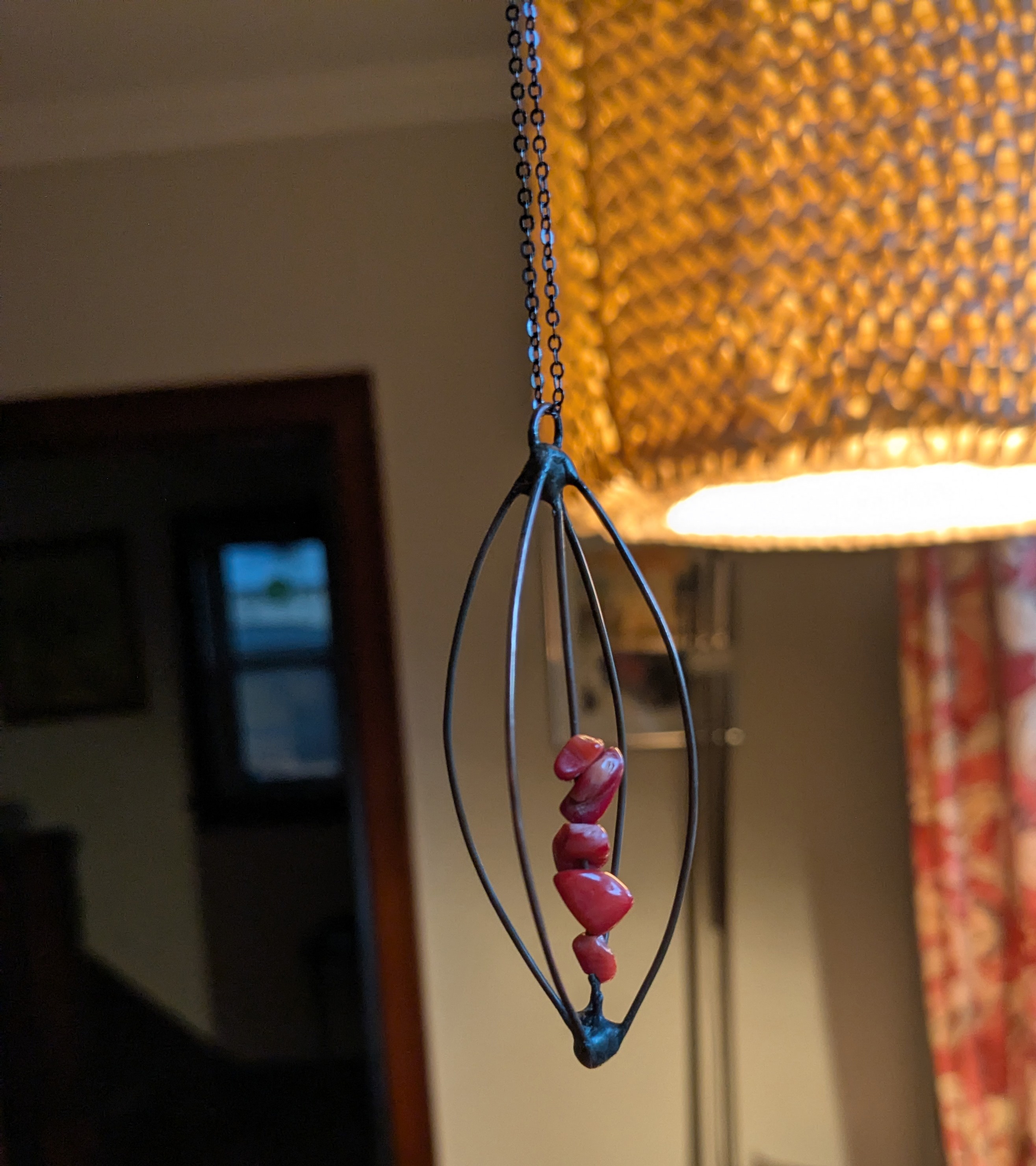 Kinetic necklace - red coral and copper wire
