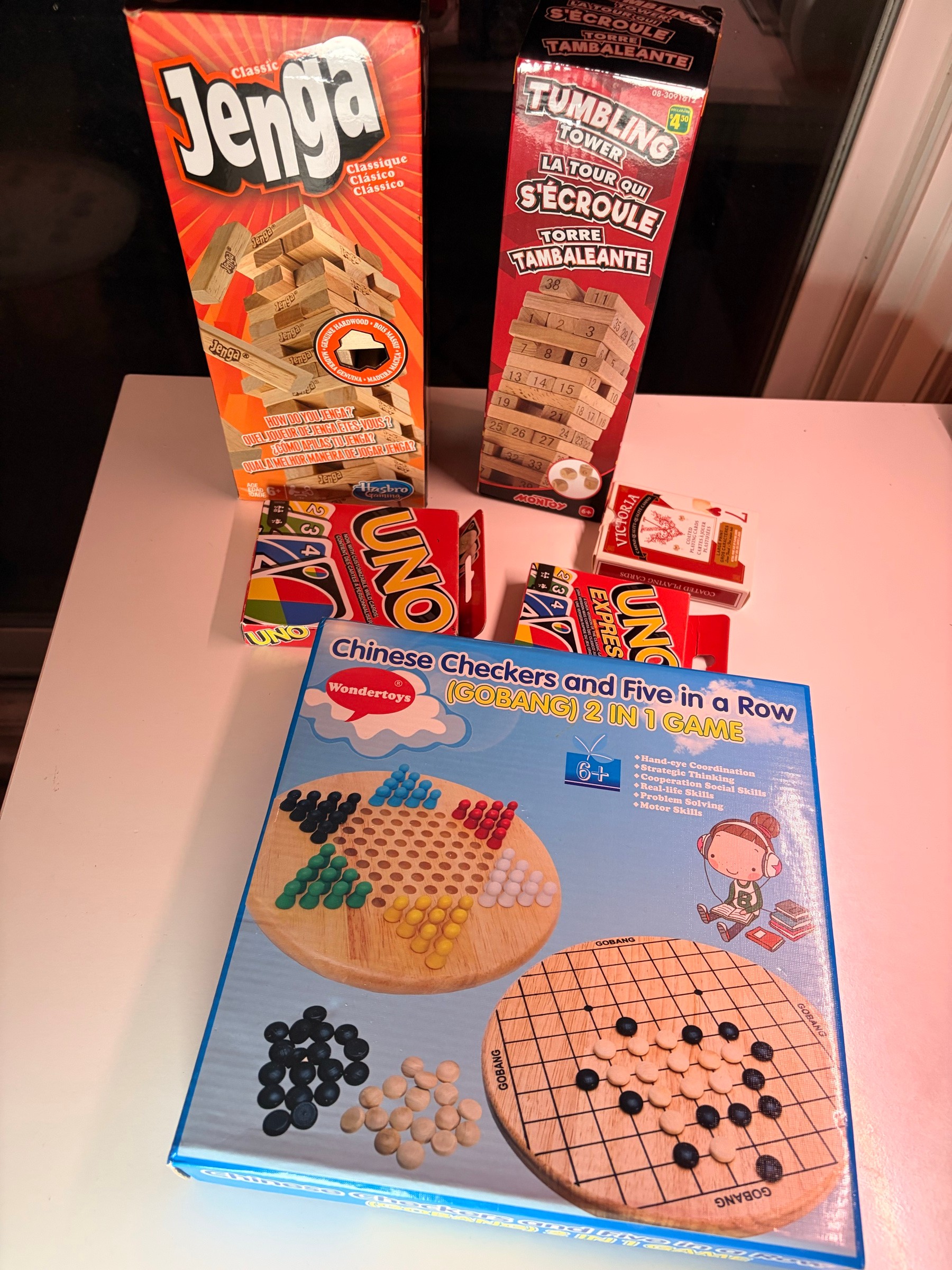 Board game & card game lot - Jenga, UNO, Chinese Checkers, more