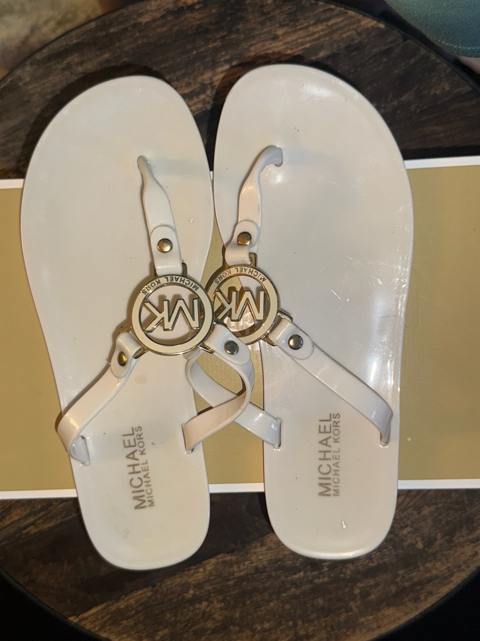 Michael Kors White Thong Sandals with Gold MK Logo - photo 3
