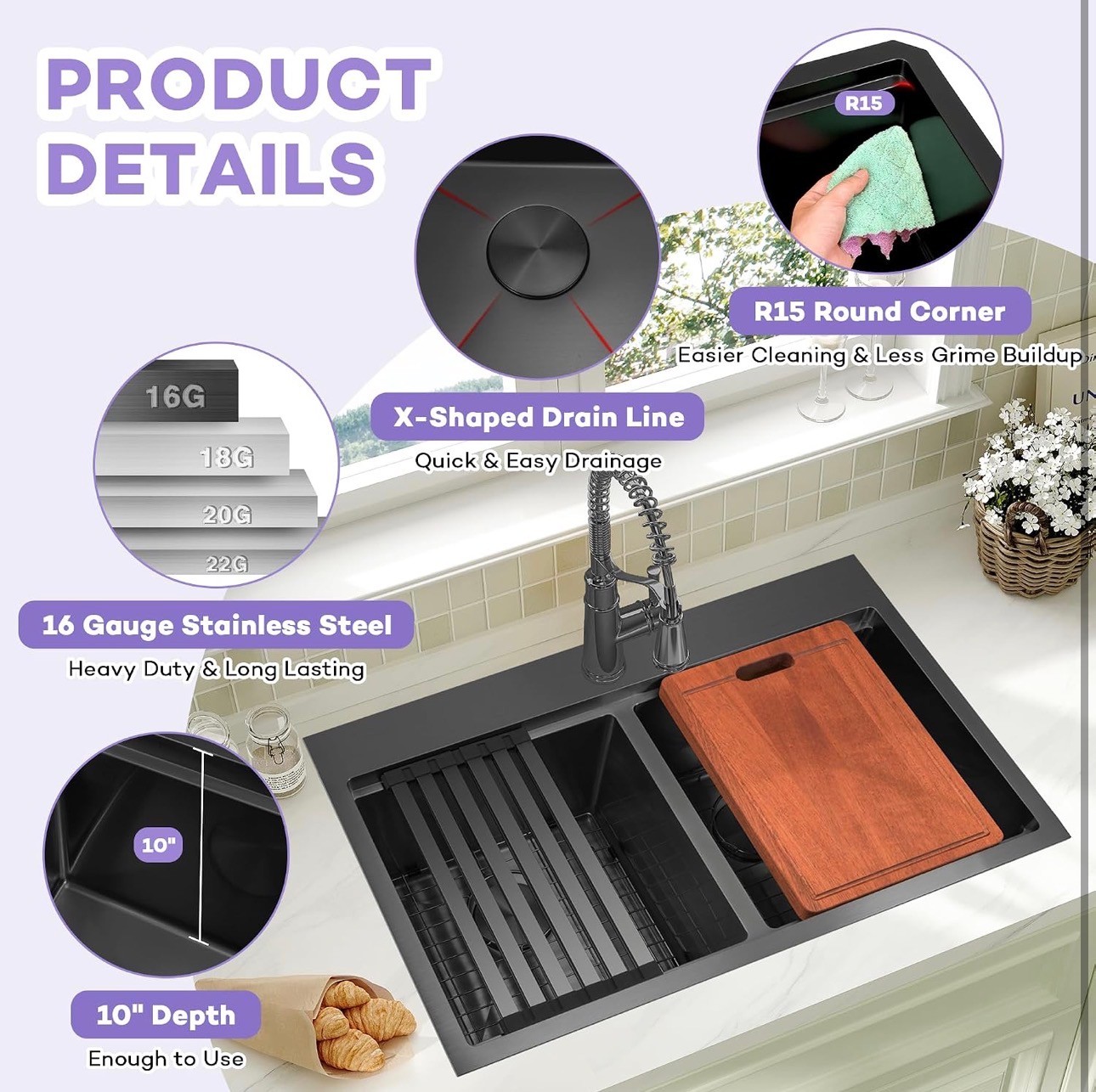 Black Drop in Kitchen Sink 50/50 Double Bowl 33x22" 16 Gauge - photo 4