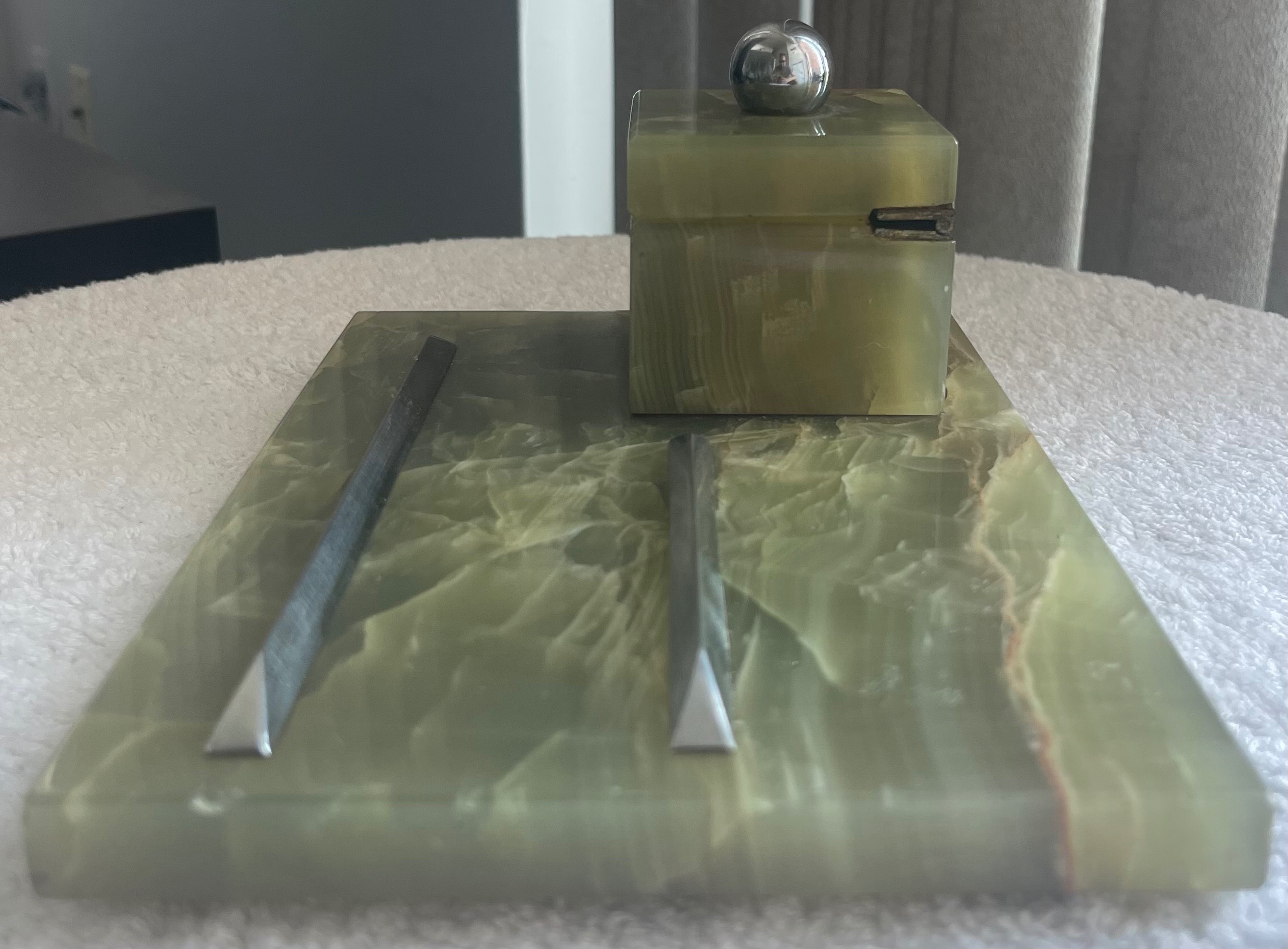 Vintage Italian Green Onyx Marble Desk Inkwell Pen Stand - photo 5