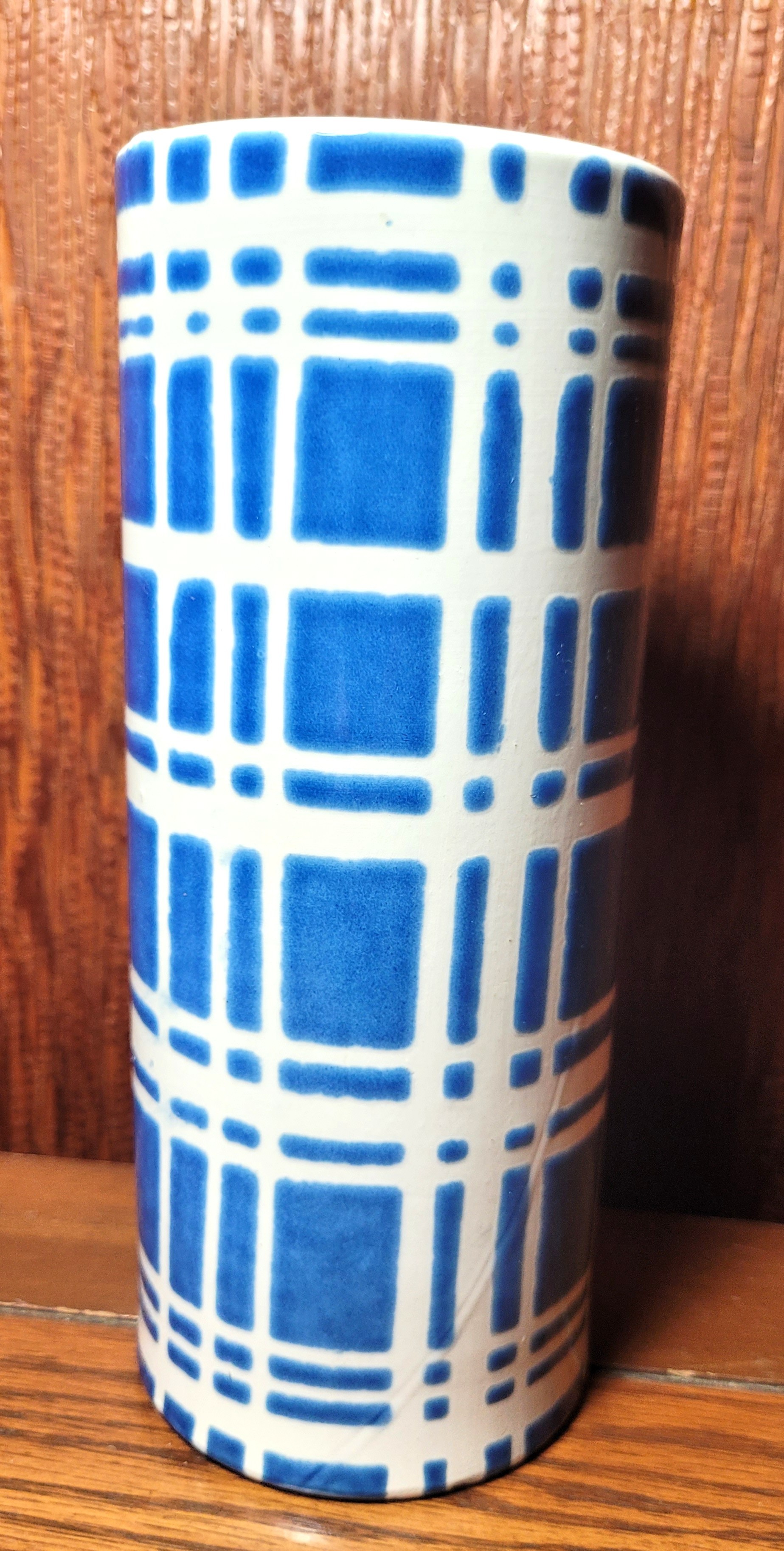 Circa 1950s Plaid Ceramic Cylinder Vase Italy HM Cory Blue Cream - photo 2