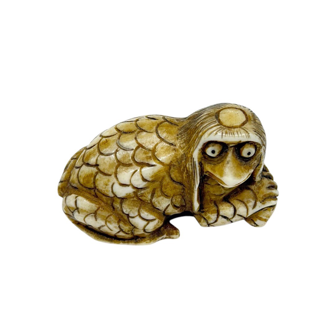 Showa period Japanese carved bone Kappa with fish netsuke - photo 5