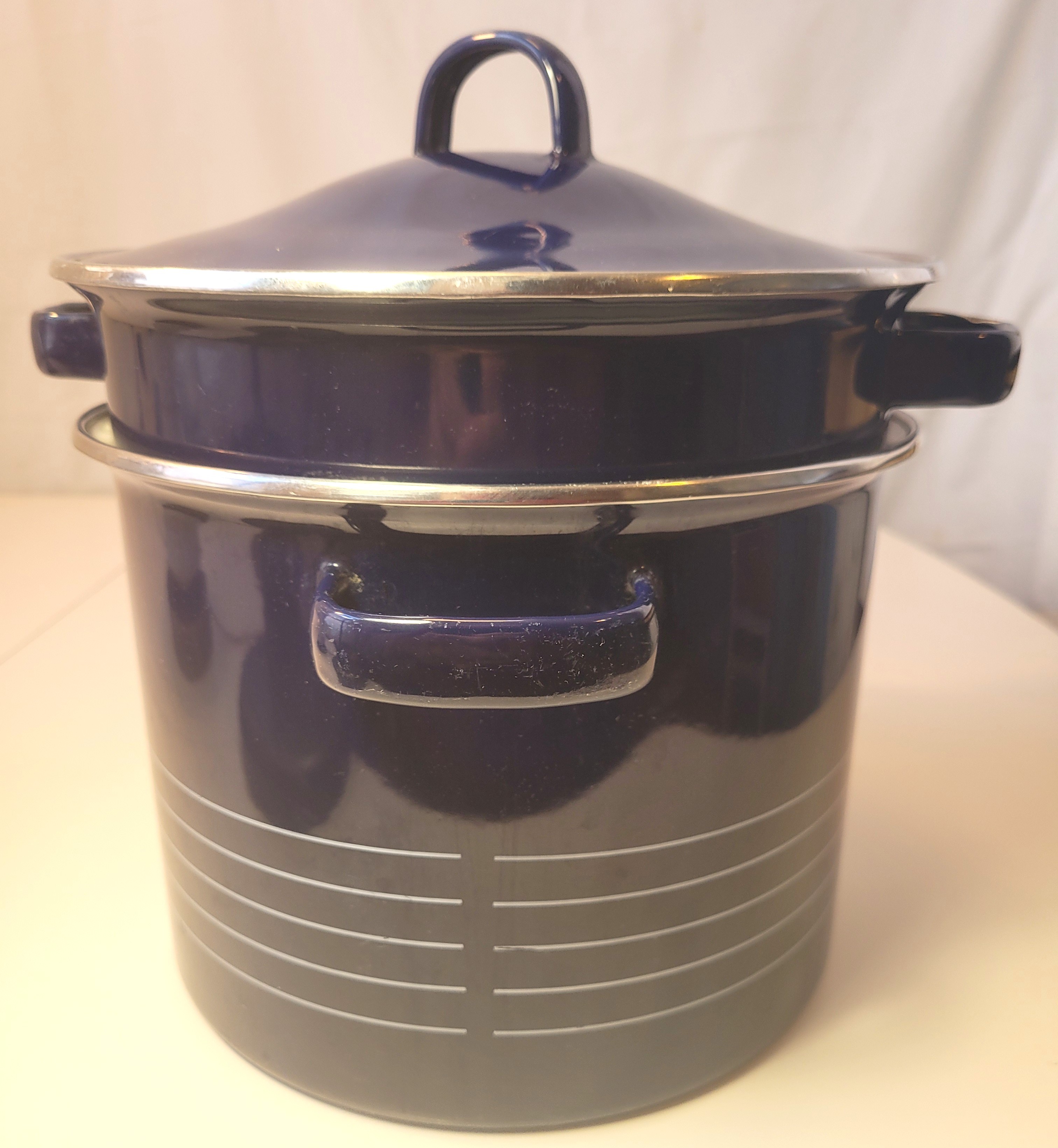 Vintage 4-Piece Cobalt Blue Enamel Multi-Cooker and Steamer Pot