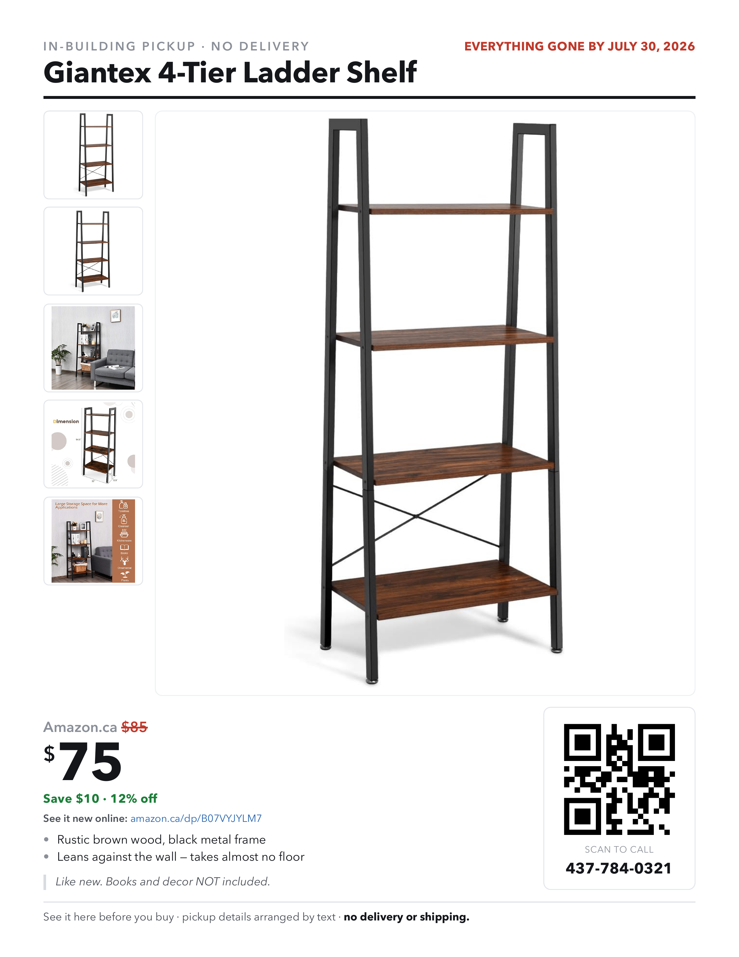 Giantex 4-Tier Ladder Shelf, Rustic Brown - Like New