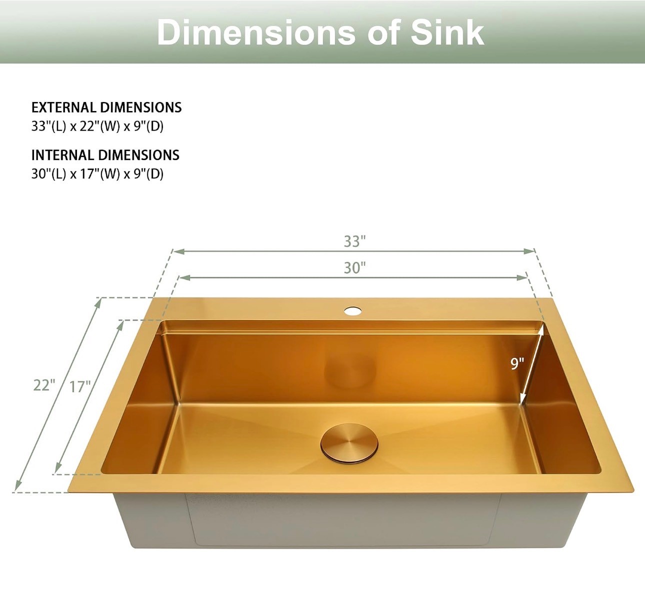 NEW: Kitchen Sink 33x22x9" Gold Soundproof 304 Stainless Steel - photo 3