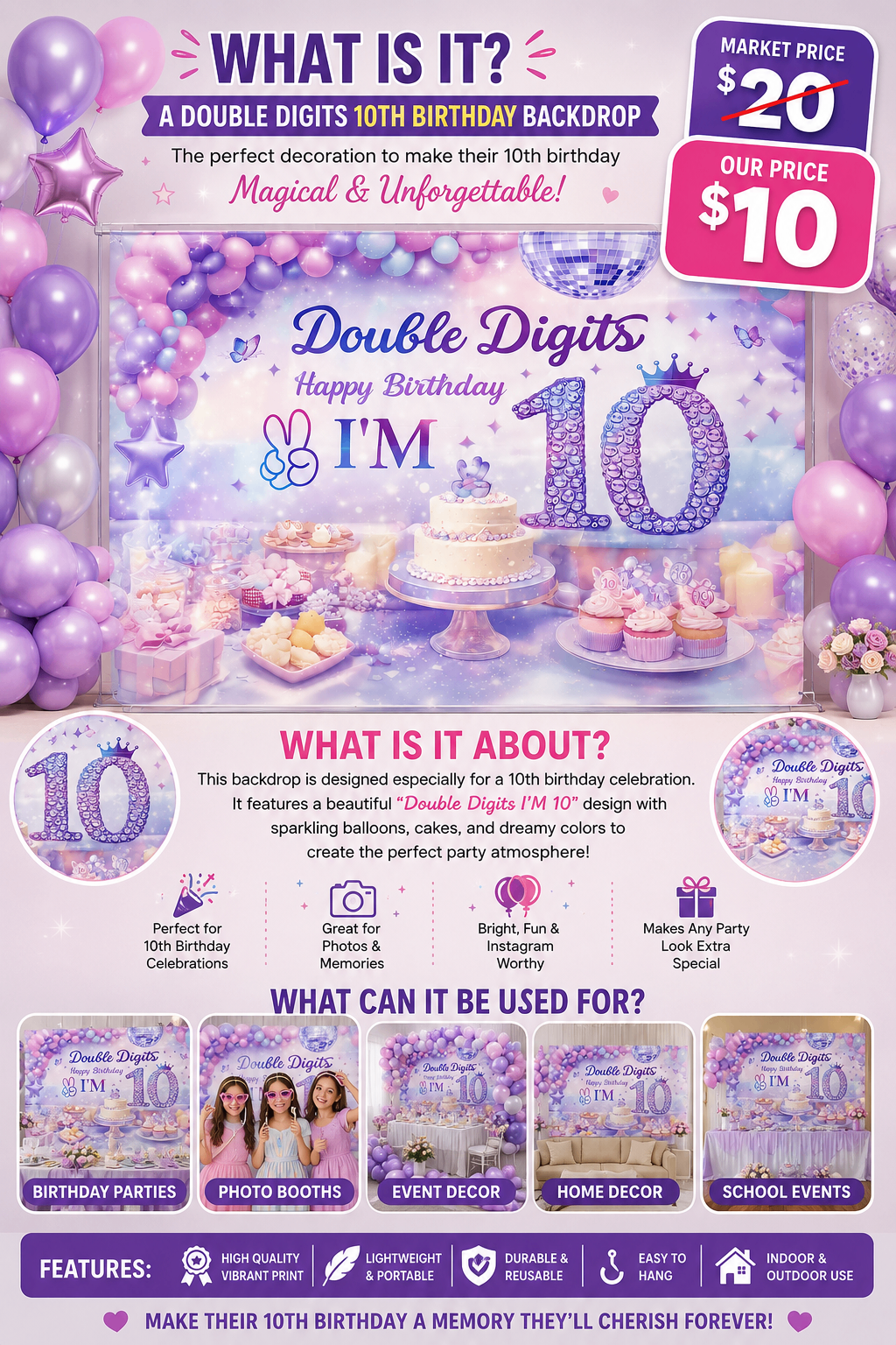 Double Digits 10th Birthday Backdrop Party Decoration - photo 2
