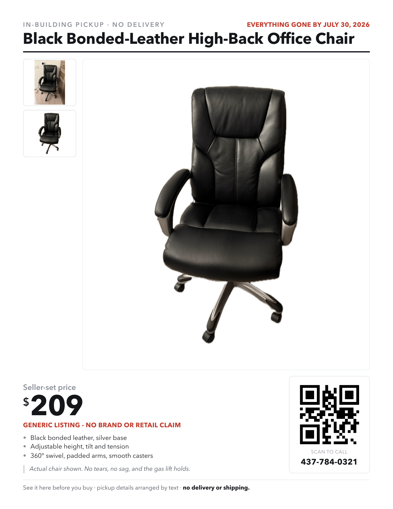 Black Bonded-Leather High-Back Office Chair - Like New